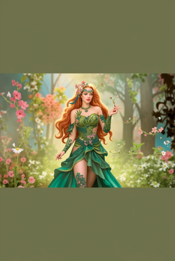 (standing alone:1.3), (Symmetrical:1.3), (cute cartoon style:1.3), (close up:1.3), fascinating plant sorceress, Your touch leaving a trail of withered foliage, standing in a metropolis, surrounded by vibrant and lush vegetation, ((long flowing hair is entwined with vines and adorned with blooming flowers)), sinister grin, ((sharp spines)), blending in perfectly with the flora around you, More details