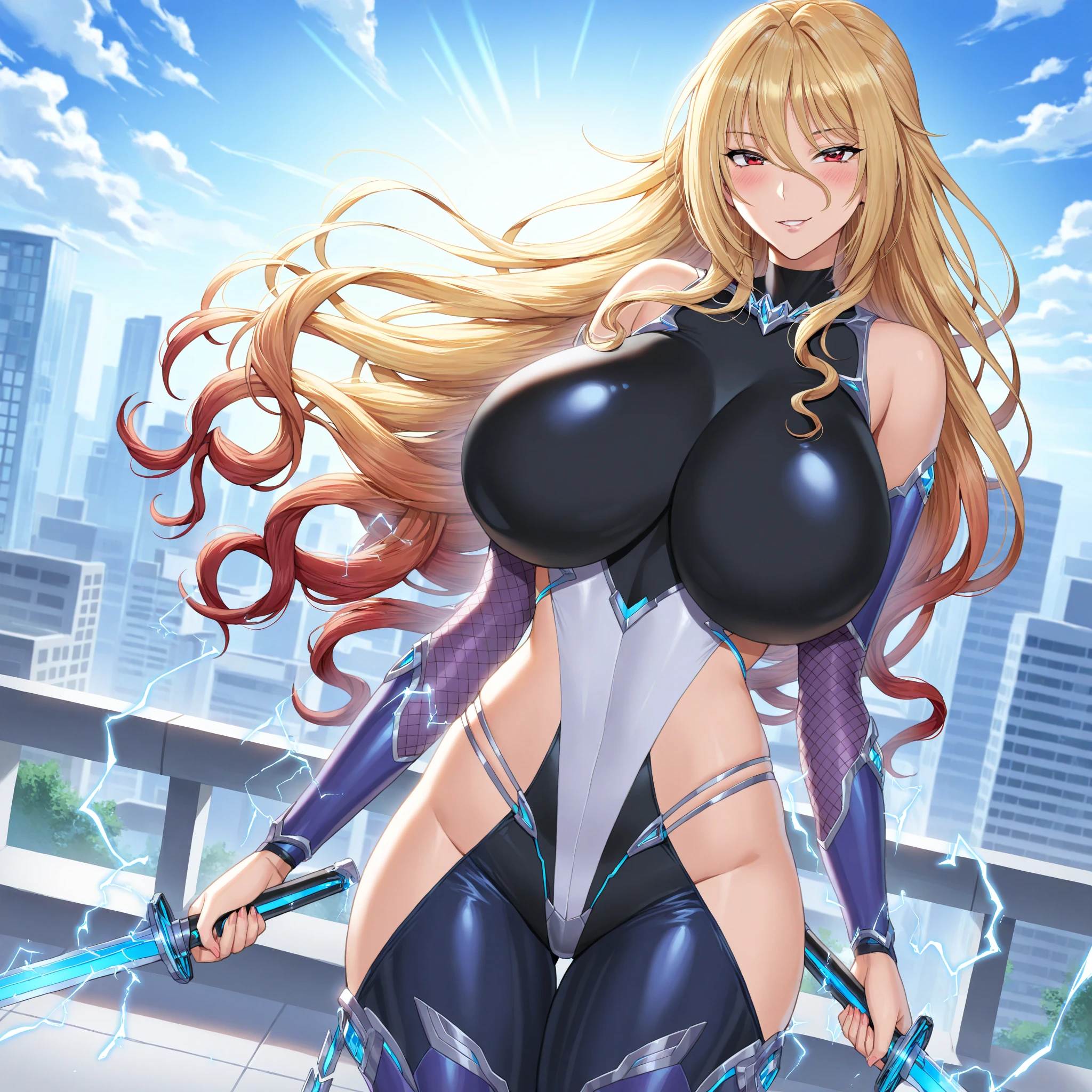 (((masterpiece))), (((best quality))), ((ultra-detailed)), (illustration), ((an extremely delicate and beautiful)), ((super detail)), ((high resolution)), (((20 years old))), ((metallic cloth)), (cheerleader), (super heroine), (android), delicate metal decorations, gleaming skin, shiny body, two legs, breast focus, (((tall))), slender legs, ((big round eyes)), cute eyes, drooping eyes, ((adult)), two hands, five fingers, no extra hands, elegant smile, braid, ((metallic blue)), (see-through), (dark blonde), (((ultra-huge breasts))), (shining brightly), outdoor, mini skirt, daytime, ((biopunk)), (hair shorter than shoulder), (medium length hair), gynoid, (latex competition swimsuit), city, ((midriff-baring outfit)),