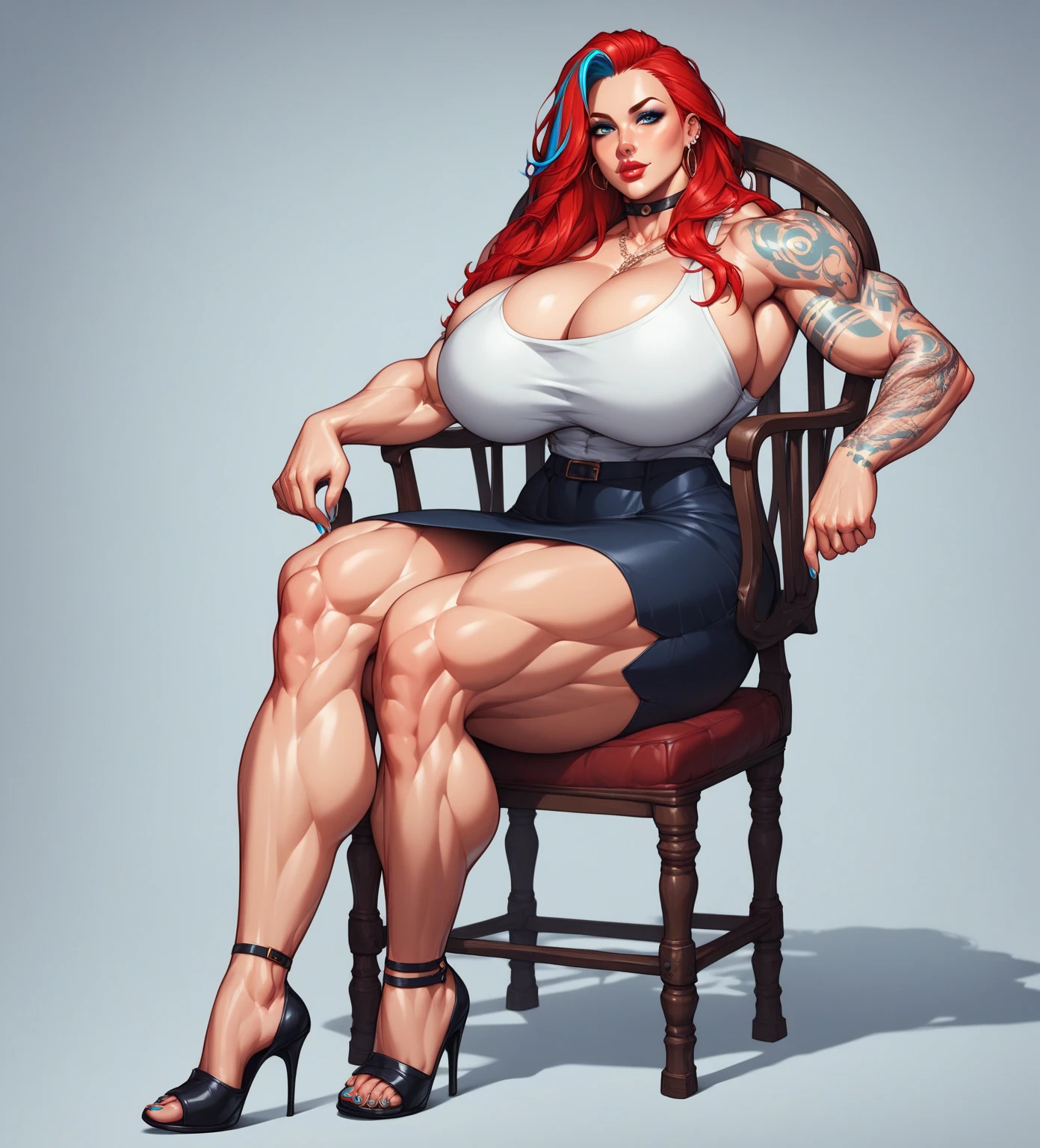 (a 20 year old Caucasian toned attractive woman, sitting seductively in an executive chair, legs crossed, full body portrait, long vibrant ginger hair, defined muscles, perfect pretty face:1.5), (mature woman, mesomorph, beautiful expressive eyes, mascara, rosy cheeks, luscious red lips, perfect professional makeup, soft gentle smile, muscular, muscles, vascular, striations:1.4), (full naked, perfect , six-pack, abs, obliques, navel, thick thighs, NSFW, Hairy Crotch, biceps, deltoids, sexy female.