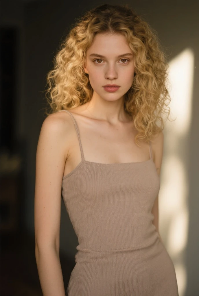 flash photo of a youthful girl,((( tack focus on eyes)))very skinny, fair skin , white hair , freckles ,(((back to camera))),posing ,long legs, perfect behind, small face, puffy lips, (((entire head in frame))), arms behind head, wavy messy hair, pout