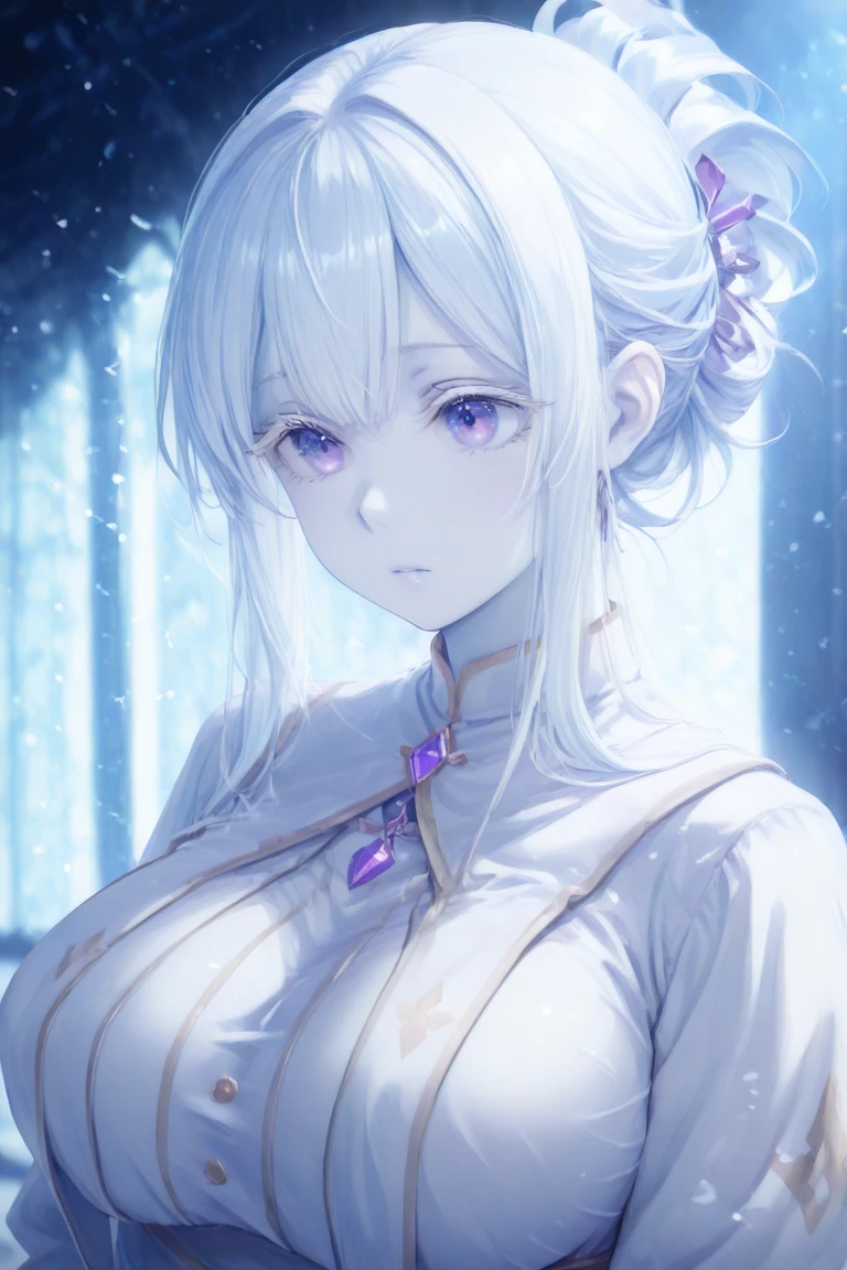 a women, white hair, purple eyes, white dress