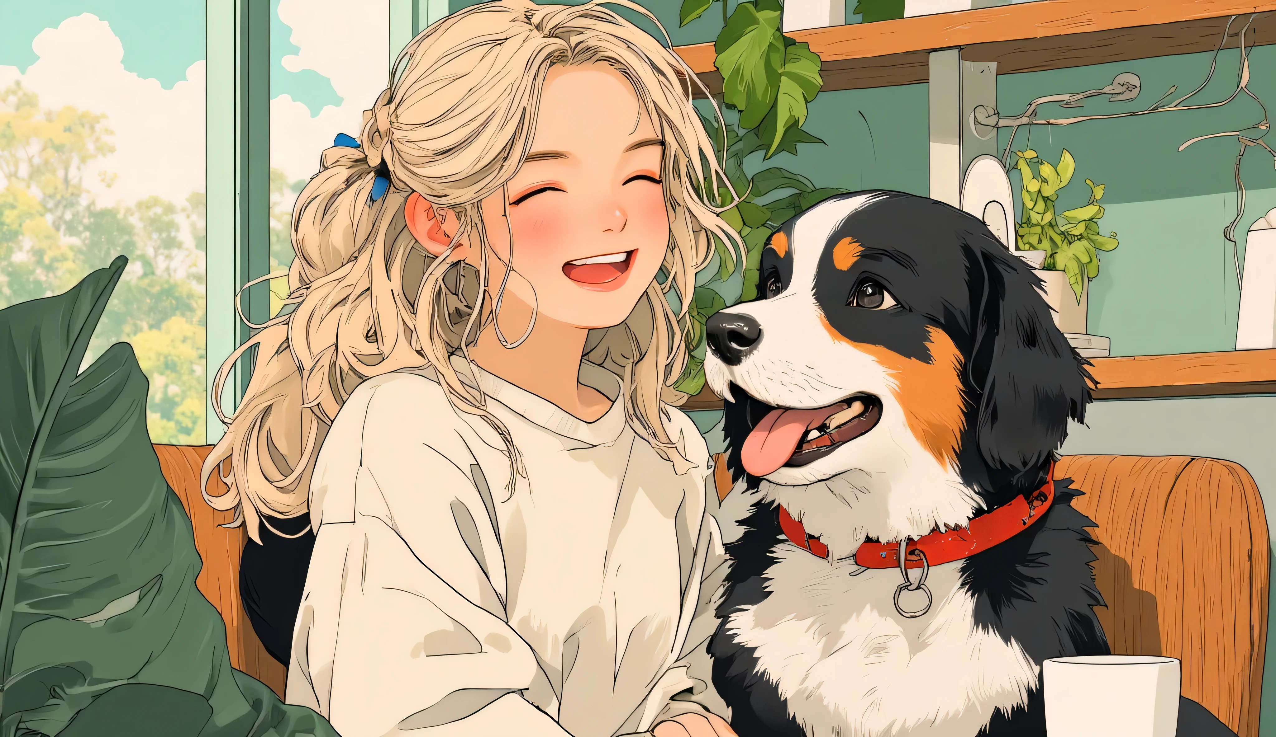 Anime-style illustration, mid-closeup of a cheerful 26-year-old blonde woman with a loose messy bun, light blush, and soft facial features, facing forward with a big warm smile — eyes closed in delight, mouth open slightly in happiness. Sitting beside her is a joyful Bernese Mountain Dog (black, white, and brown fur, red collar), also facing forward with a wide, happy expression — tongue out, eyes curved in a smiling shape. She’s wearing a cozy off-white oversized sweater.
Background: soft mint green (#b9fbc0) indoor cafe with warm light, potted plants, wooden furniture, and coffee cups.
Soft lo-fi anime style, wholesome and heartwarming mood, no text.