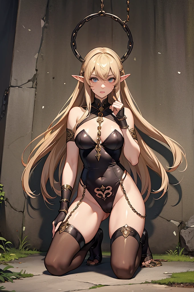((Highest quality)),(Ultra-high resolution),(Super detailed),(Detailed Description),((The best CG)),(masterpiece),Highly detailed art,(Art with precise detail:1.5), (Female Elf:1.4),(Hiding one eye:1.8),(Inward curl:1.6),(Gorgeous blonde:1.5),(Thin body:1.4),(Small breasts:1.6),