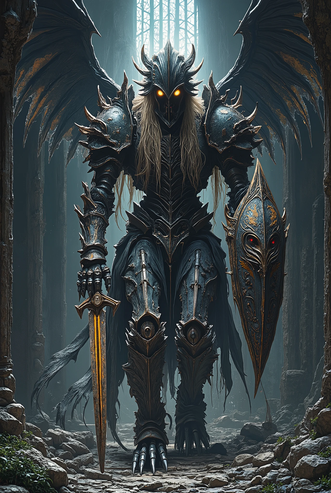 ((masterpiece)) ((hyperrealistic)) ((Very detailed)) Metal skeleton, impressively and frighteningly: long hair in an attacking position and screams. His body made of rusty steel and devoid of flesh. . In one hand, she holds a worn spear, and in the other, the, decorated with dark symbols and bright figures, resembling an ancient horn of error. behind him , enormous, dilapidated wings flap with a ghostly creak. room, in which he dwells, shield is covered with a web, with a broken glass window, through which dim light enters. Everything in this dark and gloomy setting is designed to terrify, ((high definition)), 8 k.