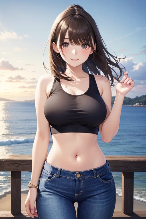 one woman、((highest quality、8K masterpiece:1.3))、sharp focus:1.2、(super beautiful face:1.0)、(shiny skin:1.0)、realistic pictures、black haired、video writing、High resolution eyes and face、video writing、(cute korean actress)、from the front、beautiful breasts、smile、The beauty of slender abs、whole body、wearing a t-shirt、on the beach at night