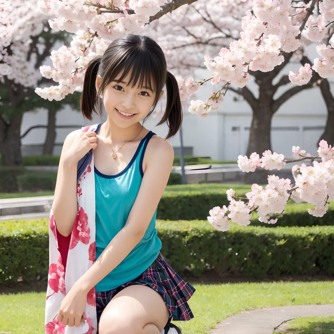 A very elementary school student is wearing Supergirl clothes..、masterpiece、Highest品質、Spreading black hair、bob cut with trimmed ends、(flat chest)、lolicon、Highest、Very short blue skirt、red cloak、urban background、Many pink hearts float、(whole body)、embarrassing