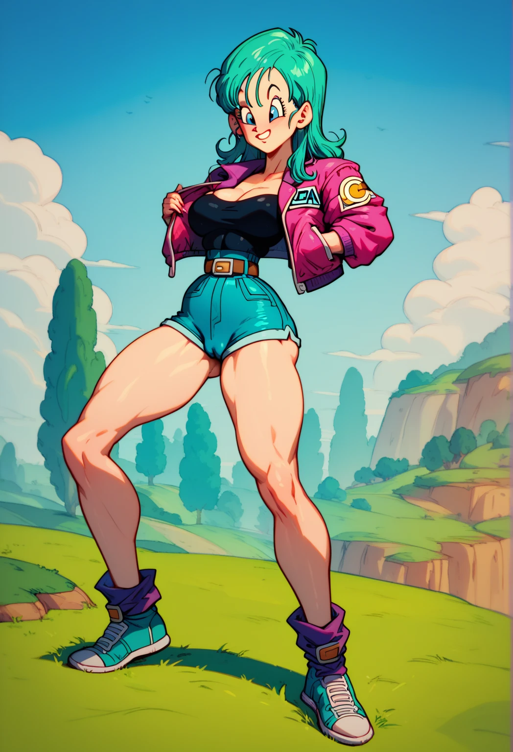 bra maestra, mejor calidad, high resolution, Dragon Ball, pony, pelo aguamarina, Cinta para el pelo, cola de caballo trenzada, Camisa rosa, belt, bufanda, falda rosa, escritura de ropa, guantes marrones, pechos medianos, al aire libre, tiro de vaquero, Agitando, sonrisa, ((sin bragaostrar las piernas)), piernas sexys, cuerpo completo