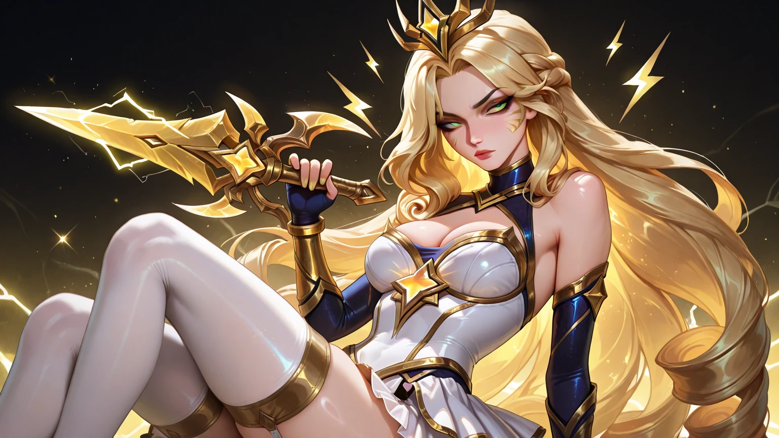 solamente, Super fine photo, Unreal Engine 5 8K UHD digital art portrait of a girl, Arte conceptual, character concept design, wearing a tight, shiny white dress with metallic details, corona de oro, ojos azules, fantasy princess, guante metalico, cabello largo y rubio, La mejor calidad, Obra maestra, Super detailed, sharp focus, pose Sujestiva y sexy y inocente y