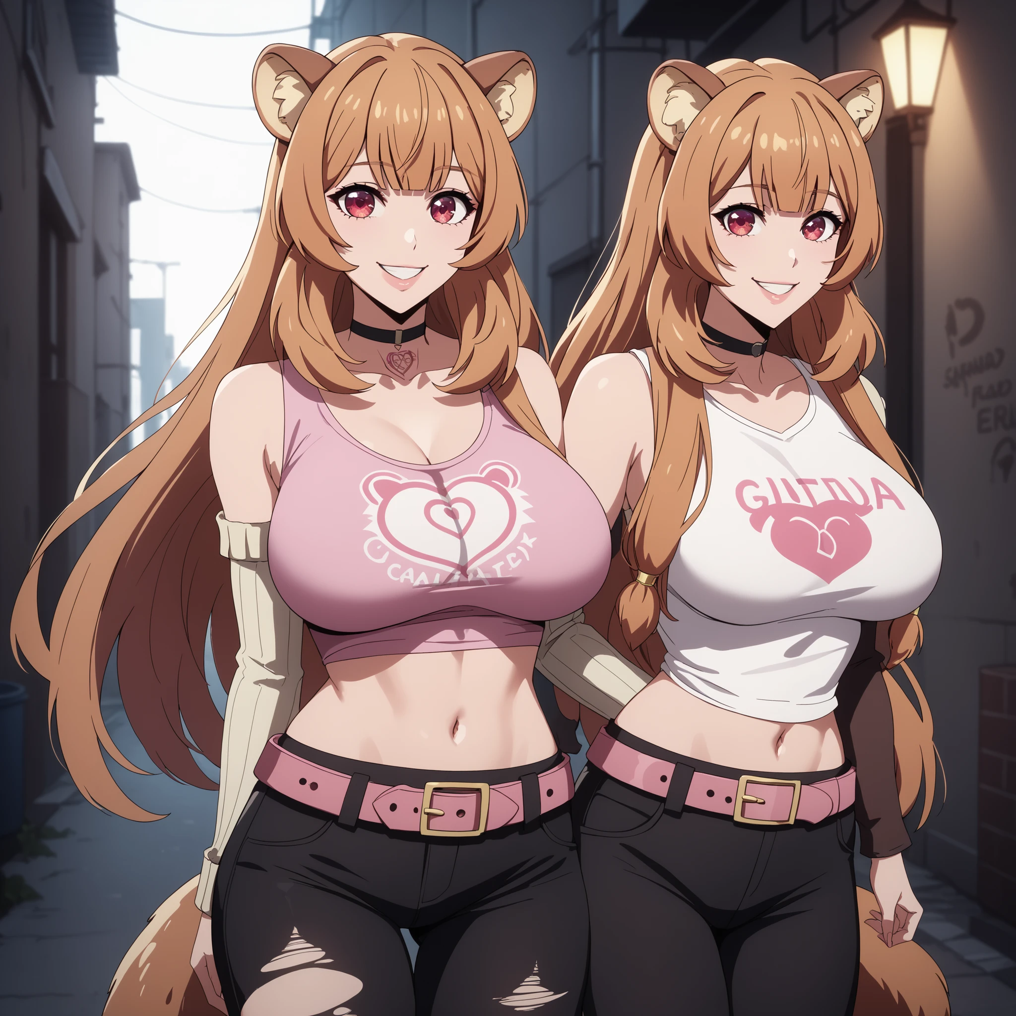 Raphtalia 25 years old,  orange hair , detailed red eyes, rounded animal ears, smile, curvaceous and slender figure , big breasts y bien proporcionados, , ripped black pants , Pink belt , pink sleeveless t-shirt,  navel, removable sleeves, black choker , highlighting her silhouette. her skin shines  , giving a realistic effect . they are out in an alley. warm and soft lighting, highlighting the reflections in their skin and hair. anime style, ultra detailed, high quality art, 4k, soft shadows and vibrant light effects. (big breasts)
