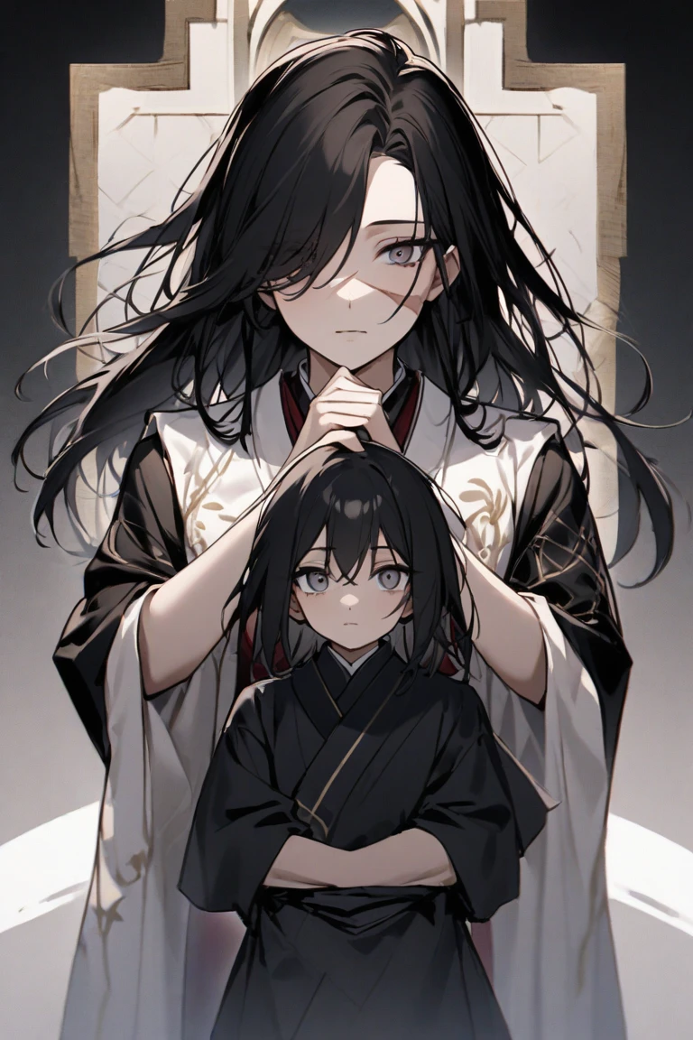 Japanese Yokai「Birds of Capture(Ubume)」Please draw。The era is the Edo period。Birds of Captureは、A ghost of a woman with long black hair that appears at night.、The image shows her breastfeeding her baby while getting wet in the rain.。She has a pale and sad face、Wearing white funeral clothes。hair is long and messy。Set the background as a dark and spooky forest and an old abandoned shrine。Create an overall sad and mysterious atmosphere.。