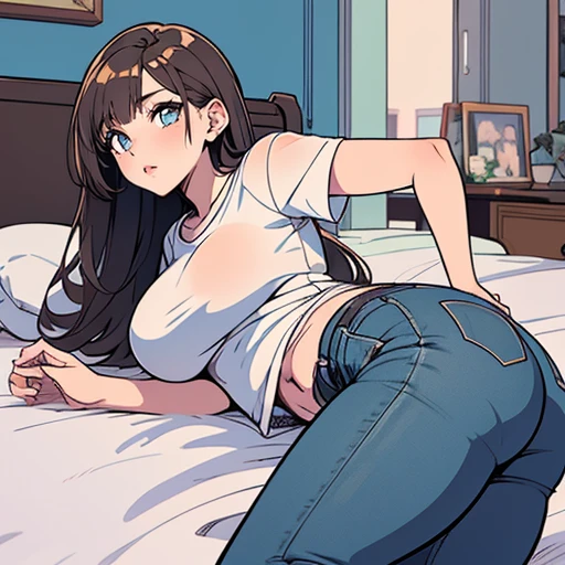 ((Tabletop, Highest quality, High resolution, , Pixel Perfect, 4K,))), 1 female, 、The whole body is visible、 ((Long Wavy Hair, bangs, Brown Hair)), ((Brown eyes, Beautiful eyelashes, Realistic eyes)), ((Detailed face, Blushing:1.2)), ((Smooth texture:0.75, Realistic texture:0.65, Realistic:1.1, Anime CG Style)), Medium sized breasts, Dynamic Angle, Perfect body, (( , , White camisole、No bra、、 Tight jeans pants、Take off your pants below your knees、、I can see her lacy white panties、、)), Gold Hair Ornament、Cross Necklace、、Very embarrassing panic smile, 、、、、、Leaning forward、Nipples are slightly visible、Sideboob、、Hotel Bedroom、Lying in bed、Show your ass、、、、、、 、)、