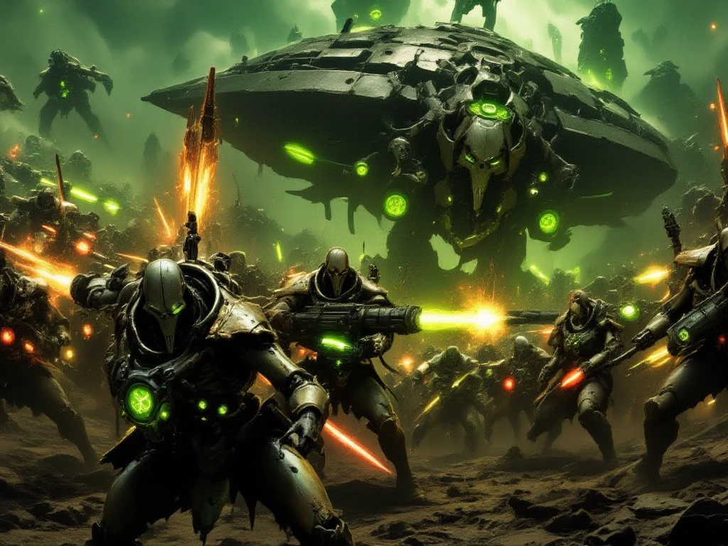 Warhammer 40k, a fleet of gothic Imperial space warships battle Tyranid bio ships in an epic space battle above a lush world
