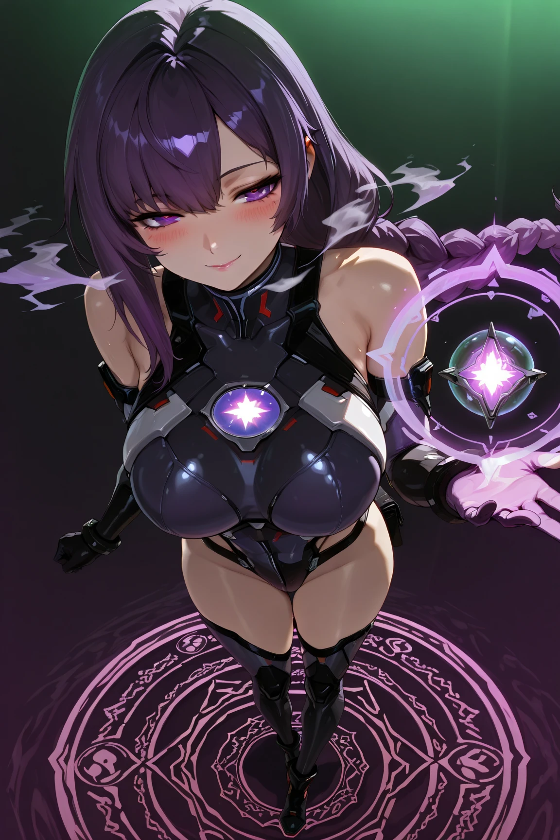 (incredible high resolution, masterpiece, highest quality, highly detailed, CG, high quality anime drawing), green light, (wall of text: 0.7), (simple background), (green background: 0.6), magic circle with green text on the ground, beautiful and seductive woman, solo, (incredible high resolution, masterpiece, highest quality, highly detailed, CG, high quality anime drawing), (Cryptic Girl), (cyberpunk-style leotard costume), (gradient purple hair, long hair, purple eyes, half-open droopy eyes, shadowed face, glossy lips, large breasts, very beautiful and detailed face), (seductive smile, blush, hot breath, standing on magic circle, very beautiful and detailed face), (super beautiful and detailed background, sexy cutout, random perspective, full body image,)