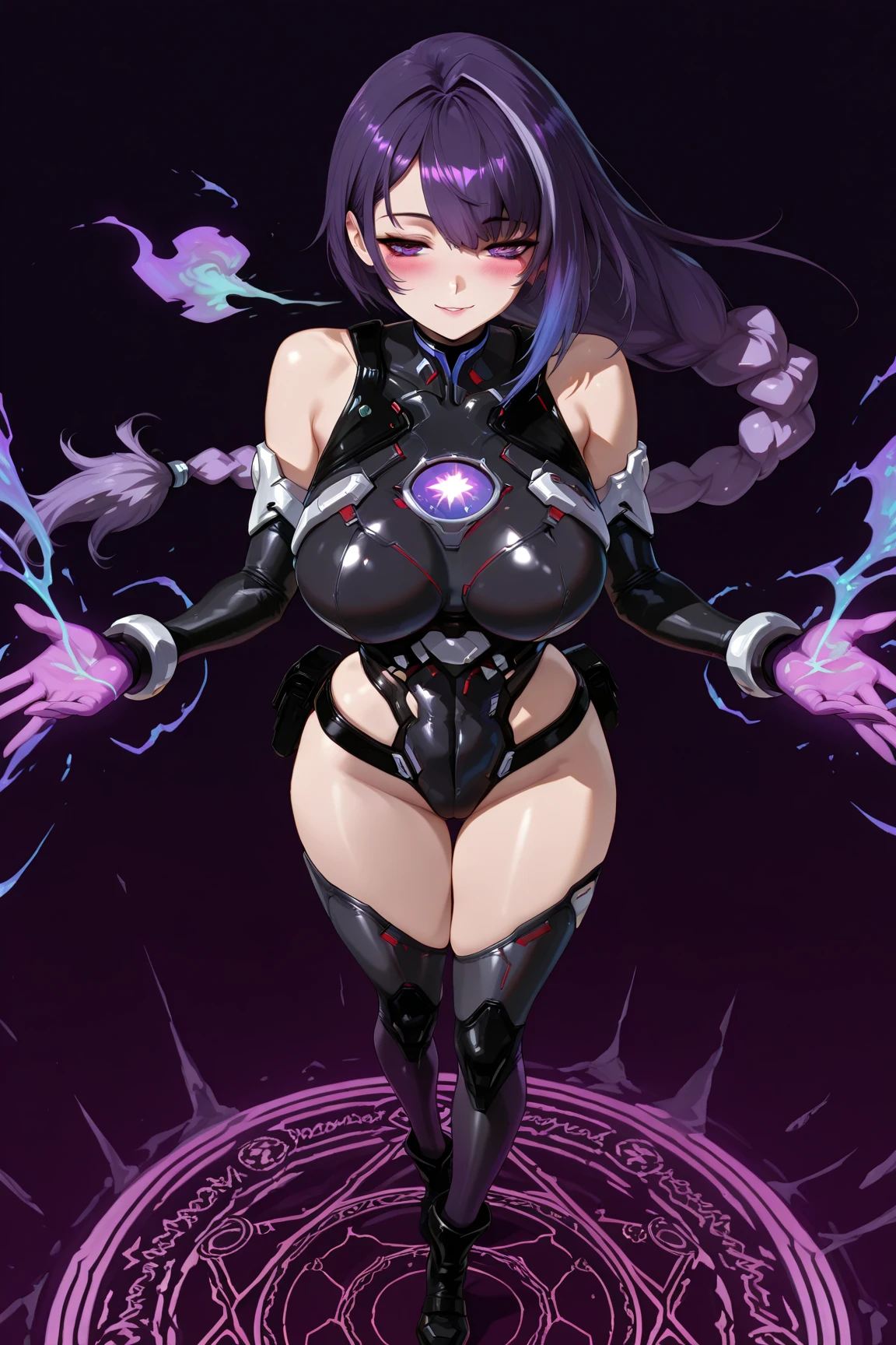 anime girl in a purple and black suit with a purple mask, oppai cyberpunk, laserpunk fullbodysuit, cyber suit, perfect anime cyborg woman, cute cyborg girl, android heroine, girl in mecha cyber armor, female cyberpunk anime girl, biomechanical oppai, clothed in cyber armour, gynoid cyborg body, perfect android girl