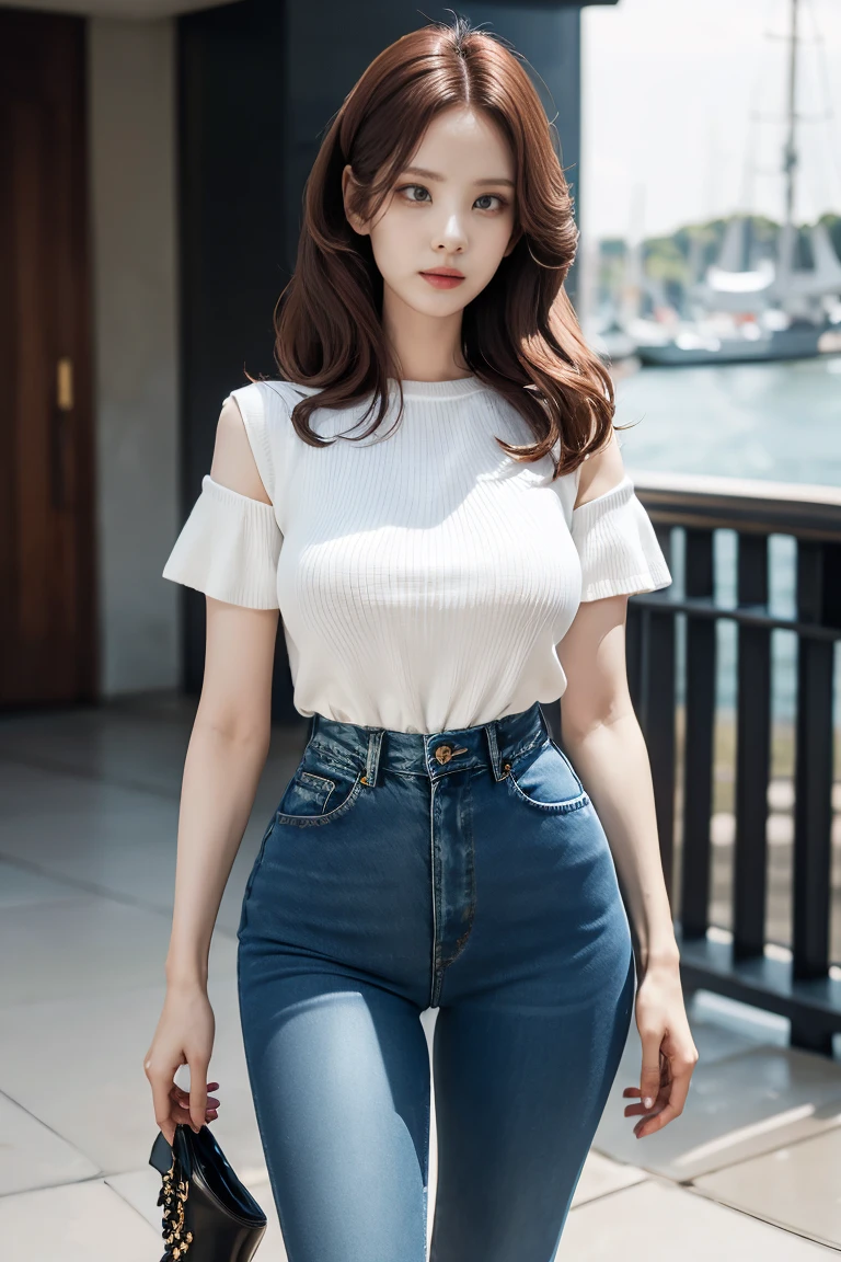 ((Realistic lighting, best quality, 8K, masterpiece:1.3)), lock focus:1.2, 1 girl, 2 beauties with perfect bodies:1.4, : beautiful korean girl, K-pop idol，Leg length，(pale skin), (big eyes),（Smile：0.8），（plump sexy lips）， Complex and detailed face, ((Skin is super delicate))，delicate face，Super face slimming，narrow eyes，double eyelids，((dark red hair)), (white lace underwear:1.4）,Background Shibuya streets，Large depth of field，Super face slimming，narrow eyes，double eyelids，（start from below：1.attitude，（medium bust：1.2），Sexy long legs， （Thigh clearance：1.5），wide hips，S-shaped body， Hips raised，Leg length，Light blue and white skinny jeans，front whole body proportion，long over-the-knee leather boots，