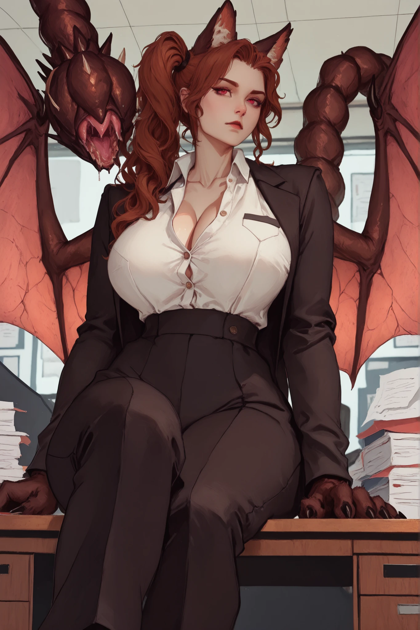 solo, close up, female, huge female, 7 foot tall, extremely tall, feminine, girly, red eyes, reddish brown hair, long wavy hair, side-ponytail, neat straight hair, Manticore MGE, monster girl, prehensile tail, animal ears, neat black suit, broad shoulders, muscular, slightly bulky body, fur, wings, claws, huge breasts, gazing at viewer, close-up, white button shirt:1.3, extremely tall:1.3, open collar, Victorian, beastly claws, slim waist, curvaceous, huge body, tall and strong, working lawyer, office, internship, focused, sitting, explaining, friendly, 