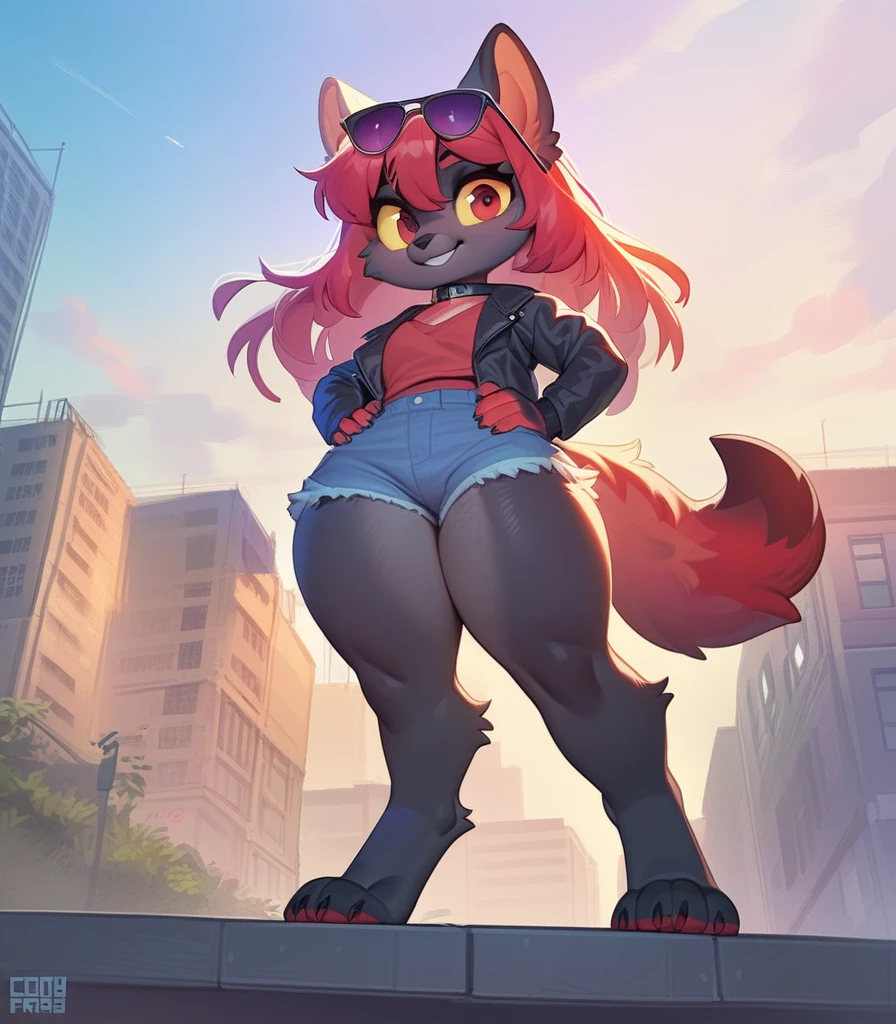 (by darkgem, by boosterpang, by BNG), solo focus, 1boy, male, fox, girly, femboy, long hair, red hair, green eyes, (hyper hips:1.2), (no underwear:1.4), (huge penis:1.1), (huge testicles:1.5), (flaccid:1.5), (thick penis:1.2), (pink penis:1.2), laughing, masterpiece, best quality, photorealistic, hyperrealistic, ultra detailed, detailed eyes, accurate eyes, looking at viewer, detailed background, photo background, digital drawing (artwork), girly, bedroom eyes, breeding request, giant, (giant:1.9), (macro:1.6), cityscape, tiny crowds, walking toward viewer, dressed like a girl, (feminine white blouse), pleated skirt, (black pumps:1.5), standing upright, commanding pose, hands on hips, big bottom lip, black lip gloss,