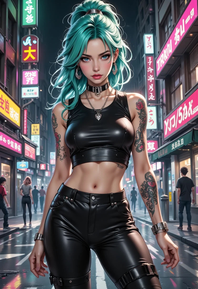 (photorealistic:1.8, highest quality:1.8,8K masterpiece:1.8,High resolution,muste piece:1.8,RAW Photos,cinematic lighting),No split screen, cyber punk、Highway at night、rain-soaked ground、
(1 android girl:1.3)、Completely naked、Full body tattoo、choker、beautiful breasts、T-shirt、denim mini skirt、beautiful butt、beautiful thighs,plump nipples、Nipples are visible through the costume,cameltoe,Body painting with a pop design drawn all over the body、pop art design、cutting edge fashion、conceptual art、
Provocative sexy poses、look back、Spread your legs apart、spread your legs wide、
(Beautifully shining vermilion, green, gold, white and blue hair:1.5)、shining blue eyes、Stoic