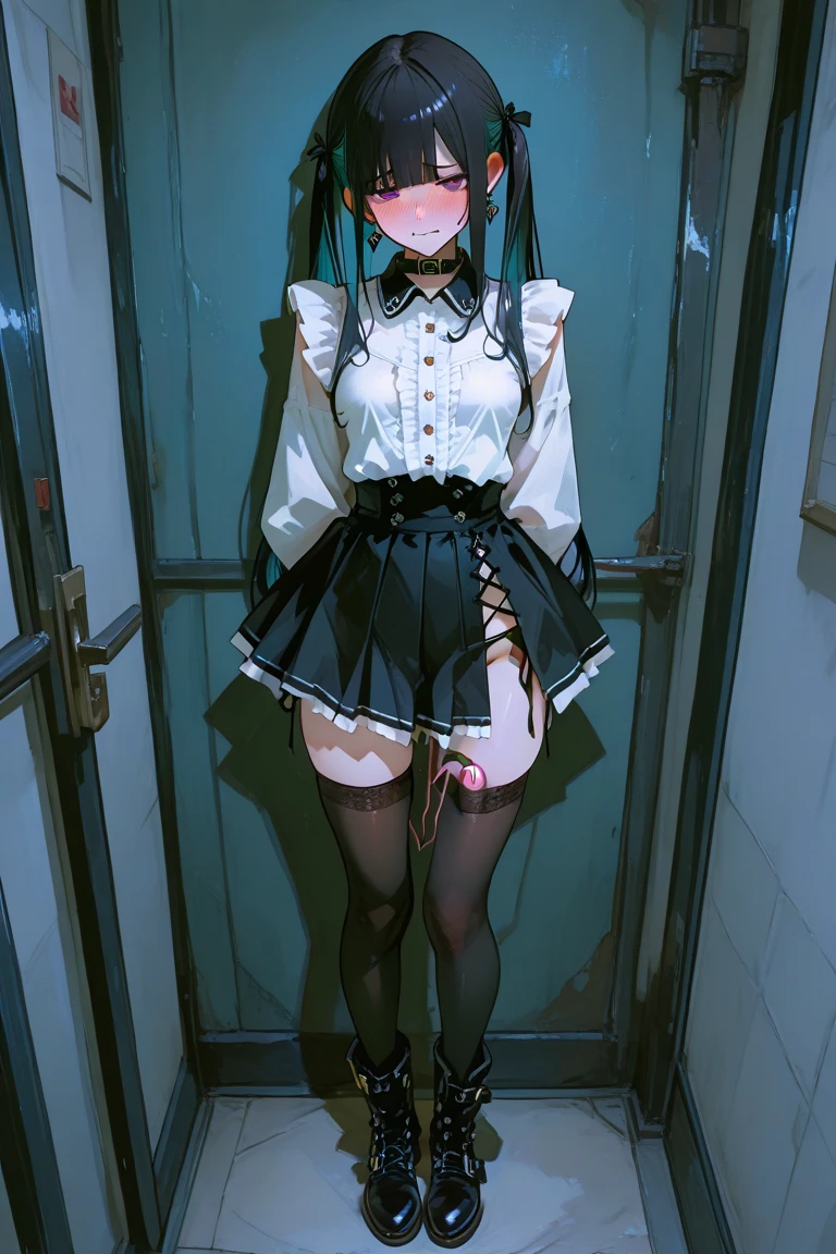 A woman with short black hair wearing a suit、slender skirt、Black High Heels、Black stockings、Black garter belt、Black eyes、black attache case、Beautiful fingertips、red blush、embarrassed from、Teary-eyed、Camel hoof、no pussy,(pussy juice),(pussy juice)、vagina,(dildo in the vagina)、On the train