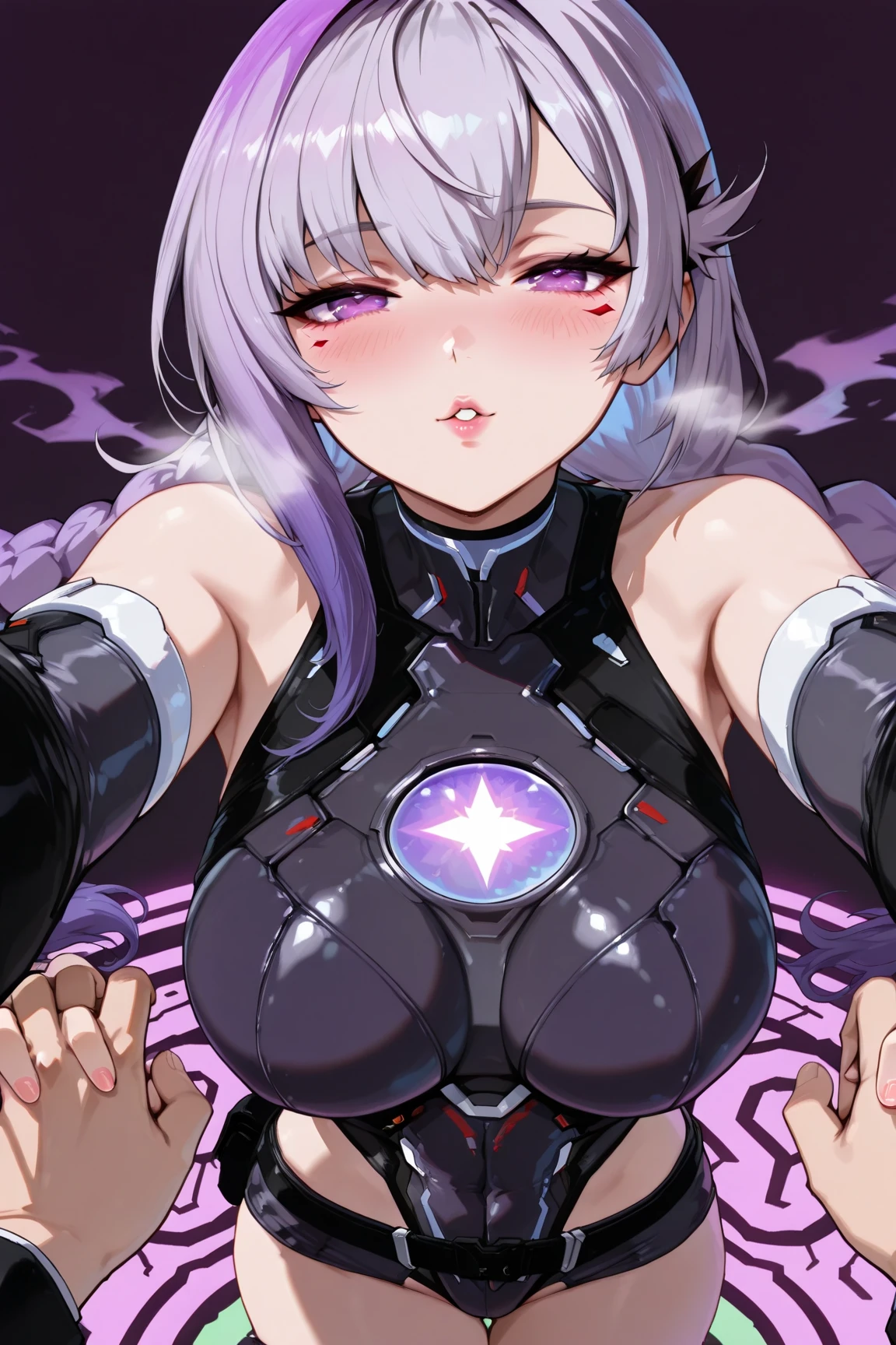 ,1girl,(teen:1.5), (short_ponytail:1.3), (light_whitish_purple_hair:1.3),black_mechanical_armor_parts,white_breasts_parts_red_black_body_suit,bare_shoulder,bare_slender_thighs,medium_breasts,on_the_desk, desk_background,Stinging_eyes,sleepy,thighhigh_greaves,gauntlets,dynamic_posing,bare_frank,metal_red_parts_armor,red_eye,solo,
fists,hold_weapon,glare,navel,large_mechanical_parts,happy,waist_armor,open_mouth,rise_legs,apart_legs, (covered_navel:1.3),(very_long_bangs:1.3), (hair_over_one_eye:1.5),(long_bang_covers_right_half_of_face:1.5),
(covered_pussy:1.1),covered_breasts,fighting,