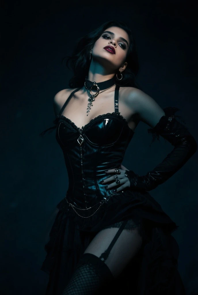 a demonic metal singer with dark blue hair, black lips, detailed tattoos, ultra-sexy, full body view, on stage performance, (best quality,4k,8k,highres,masterpiece:1.2),ultra-detailed,(realistic,photorealistic,photo-realistic:1.37),dramatic lighting,dark moody atmosphere,intricate details,chiaroscuro lighting,dramatic posing,dramatic camera angle,dramatic shadows,deep contrast,gothic,dark fantasy,cinematic composition