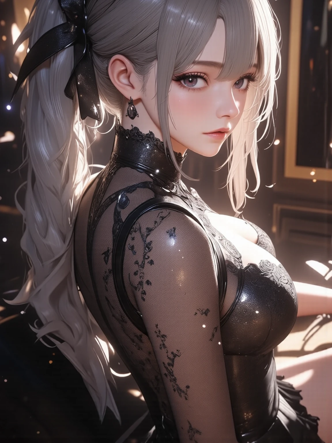 {profile picture}, {an extremely delicate and beautiful girl}, cg 8k wallpaper, masterpiece, cold expression, handsome, medium breastsupper body, looking at viewer, fashion skirt, cute t-shirt, rainbow hair, greyish eyes, beautiful detailed eyes {{a black cross hairpin}}, handsome,Hair glows,dramatic angle,diamond crown,earrings,
