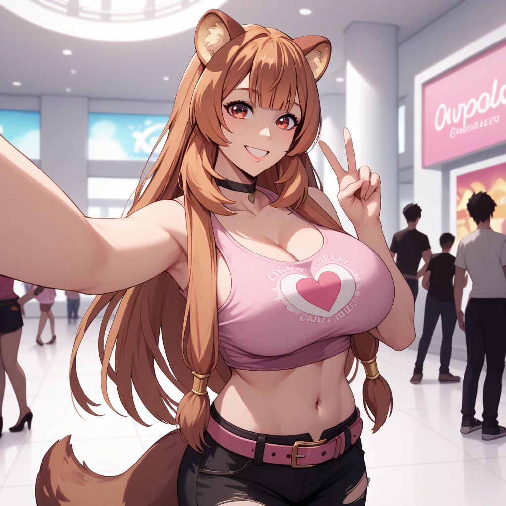Raphtalia woman 35 years old straight floating golden blonde hair , rounded bear ears, red eyes like ruby, big breasts, light and pale skin, low-cut clothing, low cut black top, Tight jeans, fondo una nightclub. nightclub, smile.