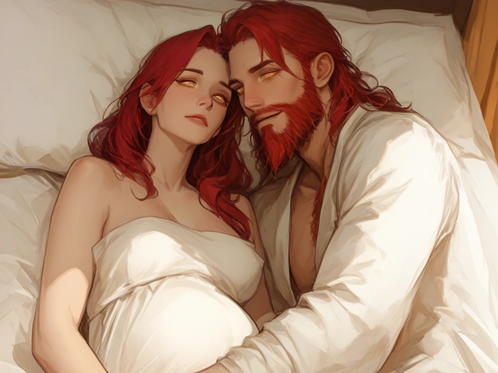 score_9, score_8_up, score_7_up, source_anime, 1 woman, 1 man, mature woman, long intense red hair long hair, red lipstick, red bra, covered in red veils, hands in her waist, lying in a waterfall, with a 1 man, white poited hair, white beard, strong, night, huging, full moon, red lights,