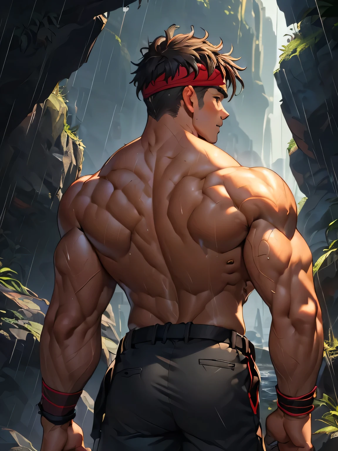 ((masterpiece, best quality, Score_9, Score_8_up, Score_7_up, Score_6_up, Score_5_up)), (((((upper body, back view, back shot, in the cave, rain, Young handsome boy, topless, Shining Body, action:1.2))))), (Gentle expression, smirking, muscler), ((((1boy, solo, flesh, tough, reliable, developed body, toned body)))), (Dark brown Short straight hair, ((almost completely shaved hair)), under cut), (((red headband, black wristband, belt, boots))), Vivid colors, ((big shoulder, muscular body, sturdy body, defined fleshy pecs, defined fleshy ABS, toned weist, shouldermuscler)), muscler!, muscler body, detailed face, detailed muscle, rippling muscles