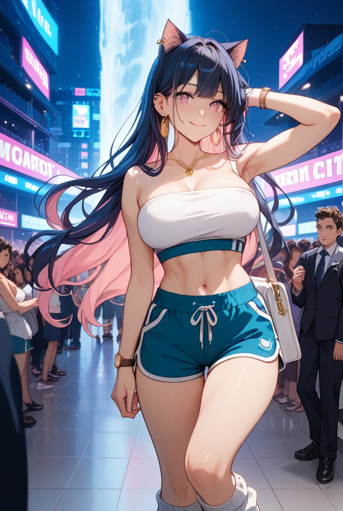 ((masterpiece,best quality anime,Highest quality:1.3)),realistic,cowboy shot,1woman,solo,(30 year old beauty),((very small head:1.4)),((very long body:1.4)),(dark blue hair),straight long hair,(gorgeous big eyes),black eyes,smile,((slender body:1.4,skinny)),medium breasts,(White tube top shirt、navel,White pleated mini skirt),((white headphone)),oily skin:1.2,gleaming skin,shiny skin, bustling street、cyberpunk world、
