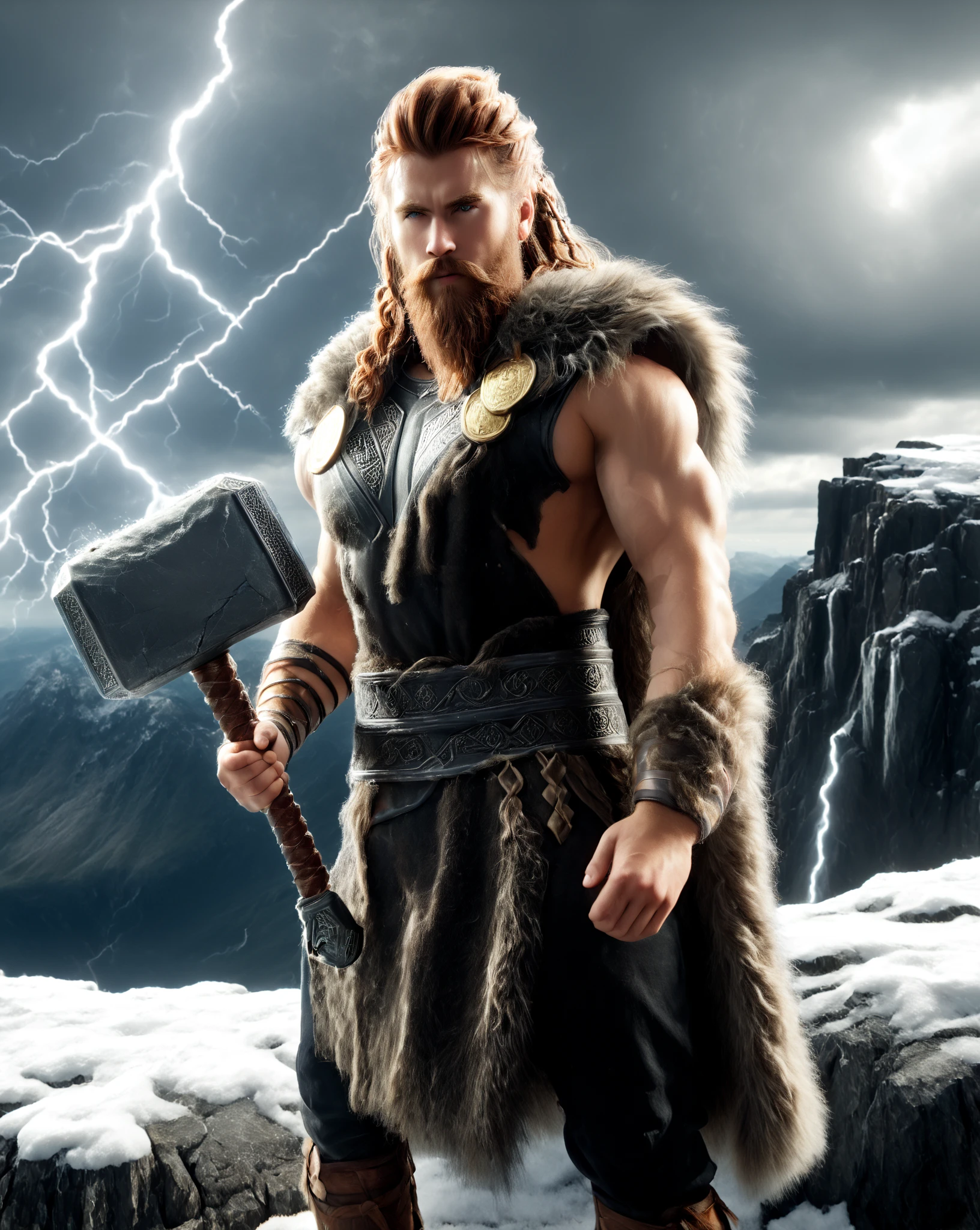 (best quality,4k,highres),a Barbarian D&D RPG character serving a thunder bear god in his barbarian village,illustration,ultra-detailed,realistic,vivid colors,detailed eyes,detailed lips,big muscular build,fierce expression,tribal tattoos,wearing a bearskin cloak,holding a mighty battleaxe,standing in a thunderstorm,with lightning striking in the background,having a strong and sturdy physique, surrounded by a wild and rugged landscape