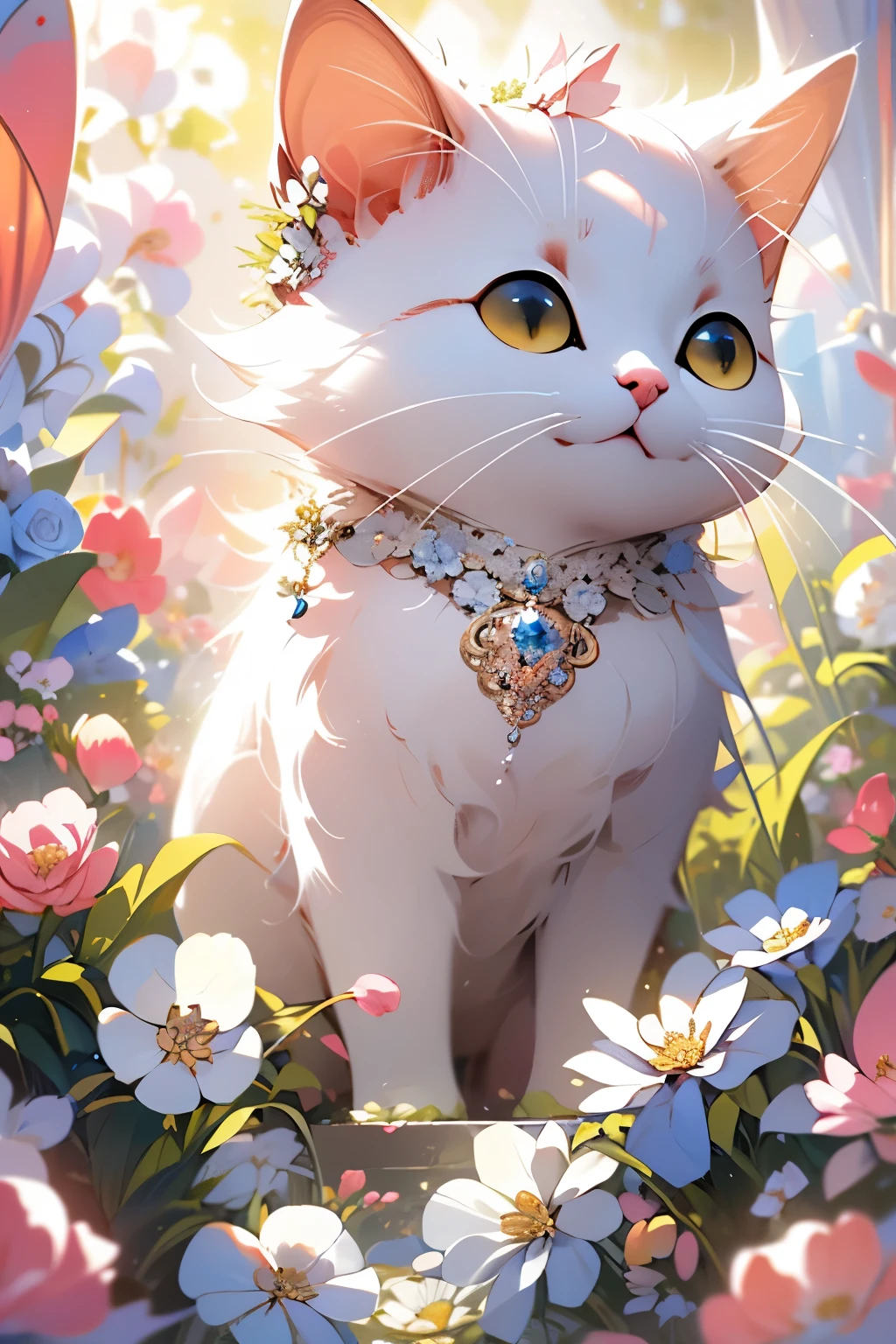 A hyper-detailed, whimsical portrait of a fluffy orange tabby kitten with large amber eyes, gracefully seated amidst an enchanting garden overflowing with lush, blooming peonies in shades of coral, pink, and ivory. The scene is densely filled with charming filler flowers like baby blue nemophila, delicate violas, and soft gypsophila, creating a vibrant tapestry of color and texture that surrounds the kitten entirely. The kitten wears an intricate, nature-inspired floral necklace that blends seamlessly with the blossoms. Magical realism, ultra high resolution, soft glowing light, densely packed floral environment, fantastical atmosphere, digital painting in a richly detailed, painterly style.