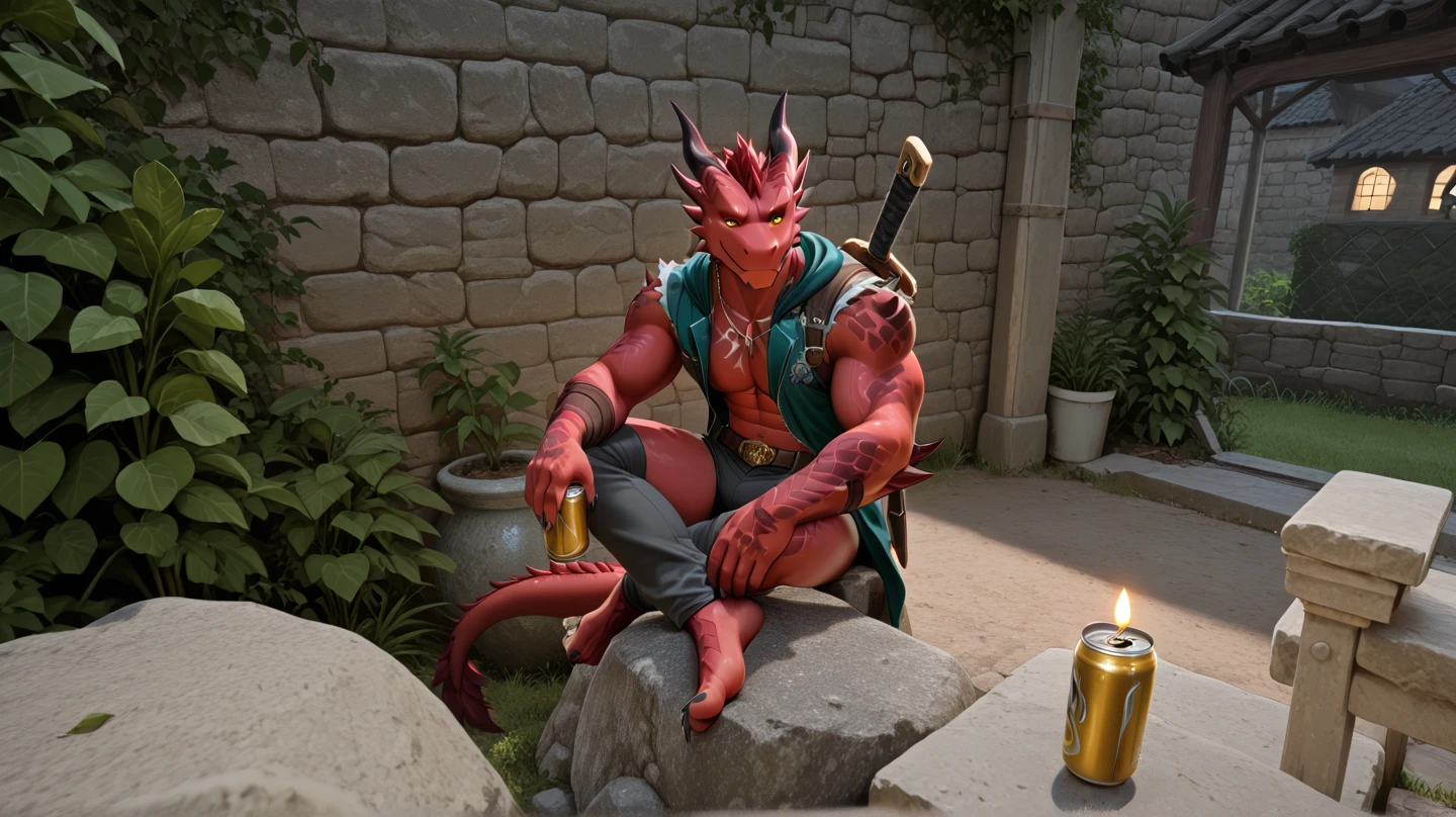 (masterpiece, 4K, ultra detailed, RAW photogr:1.2)illustratio, massive green dragon, tight medieval clothing, massive Chest bulge, welcoming smile, the counter in a shop, full of glowing potions, dynamic angle,