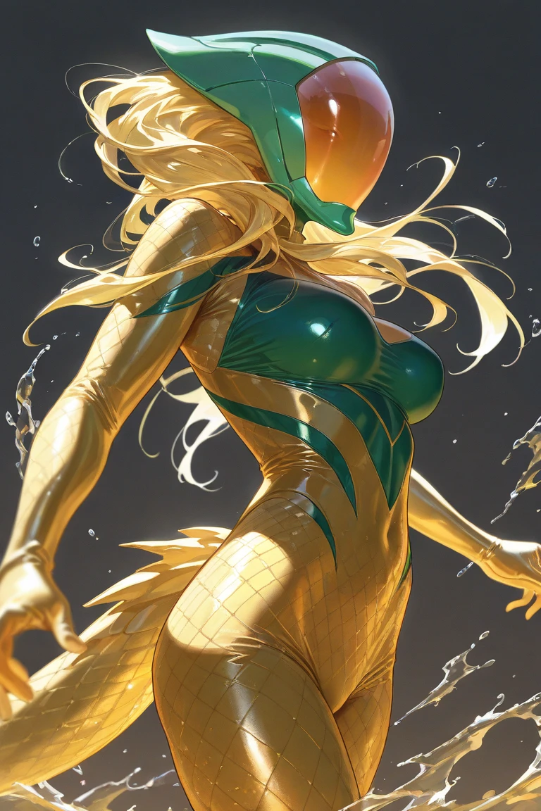 Beautiful supermodel woman with blonde hair, Hair with subtle highlights, Blue-gray eyes, Mixed Media, Wet paint, Jewel Beetle、Yellow-green costume, Colored Background, The color of the liquid flowing on her face, photograph:Jinnah Chan. - At six o'clock