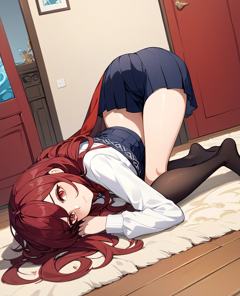 (absurderes、Absolute resolution、incredibly absurdness、hight resolution、ultra-detailliert:1.0、Official art)、​master piece, Sharp Focus ,Delicate Beautiful Hair and Eyes and Face, Lifelike, Hyper-detailing, a matural female, Dynamic Hair, slender,Nudists, (Wearing a black cardigan and white low-rise panties),natural(Colossal tits:1.2), Side, Transverse breasts,((The areol)),(teats),((exposed breast)), Beautiful cute woman,Smooth skin,(Delicate pale red hair),(length hair),Delicate blonde eyes, , , A look of frustration,(Lying face down on the bed), Lying face down, (Hug a pillow), Buttocks, thighs thighs thighs thighs, Sexy legs, (profile)