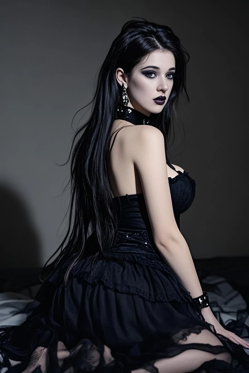 hyper realistic, 16k, best quality, masterpiece, (photorealistic:1.4), 1girl (alone), solo. Pretty young. Gothic aesthetic, goth makeup, black silky hair (realistic texture), hair fringe, realistic eyes, pele-white skin, illuminated skin, realistic shading, (modern) black gothic dress (realistic textures), big hips, tights. waist up, dramatic lighting, from below, front, front view, multiple different poses at different angles, glowing skin, front, back lighting, athletic figure, muscular female, curvy, wide hips, colorful, looking at viewer, Hyperrealistic, gradient background, dark background, outline, cinematic lighting, (chromatic aberration, intricate details)
