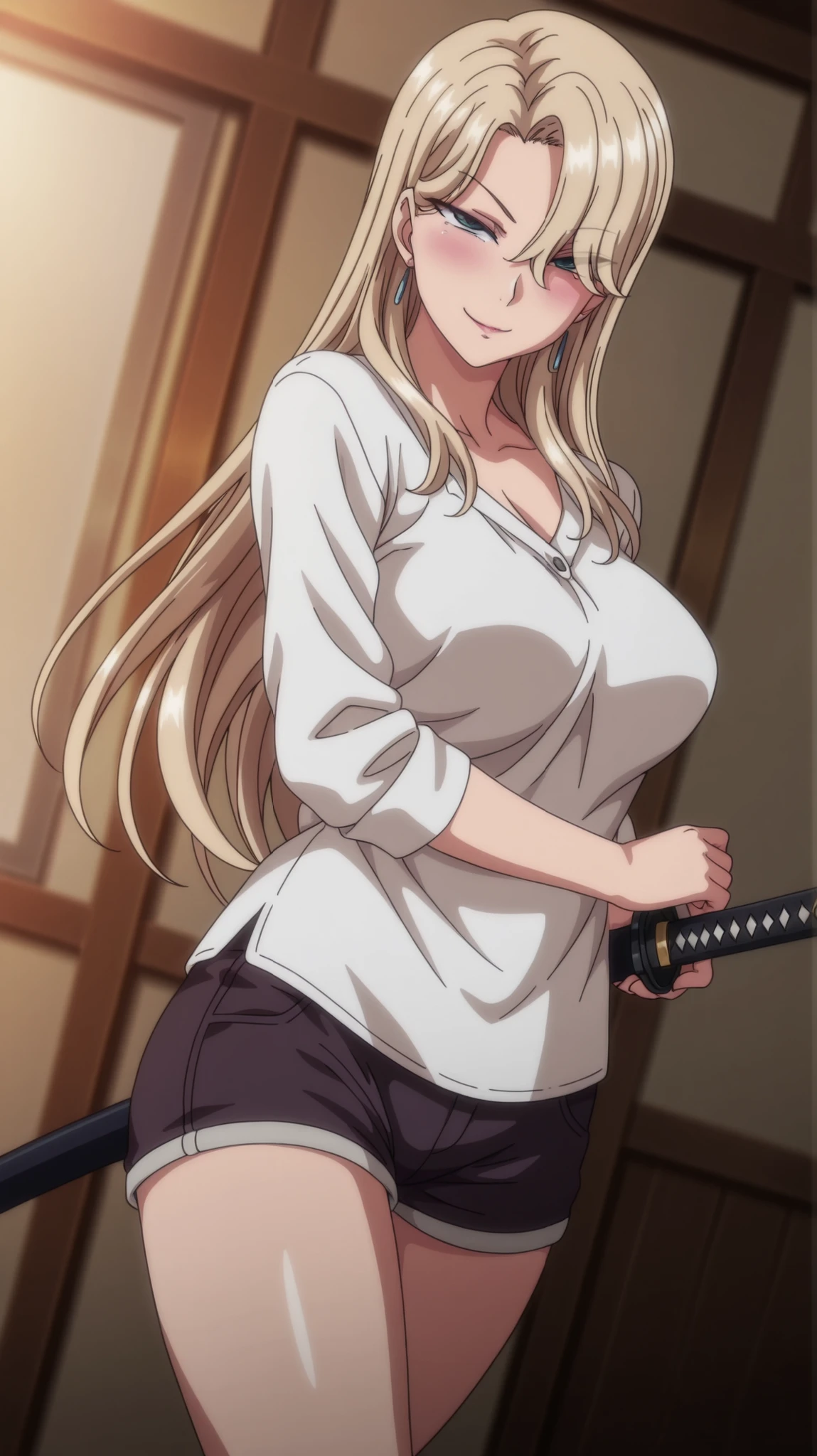 Alone, 1 girl, alone, amazing quality, mature woman, housewife, blonde hair, hair over one eye, long hair, slightly disheveled hair, MILF, soft light, standing, dusk,casual outfit, short shorts, blue eyes, anime coloring, blush, sensual pose, seductive smile, masterpiece, best quality, amazing quality, standing, dutch angle,battoujutsu stance, looking at viewer, holding, weapon, sword, holding weapon, holding sword, standing, katana, sheath, sheathed, fighting stance, ready to draw