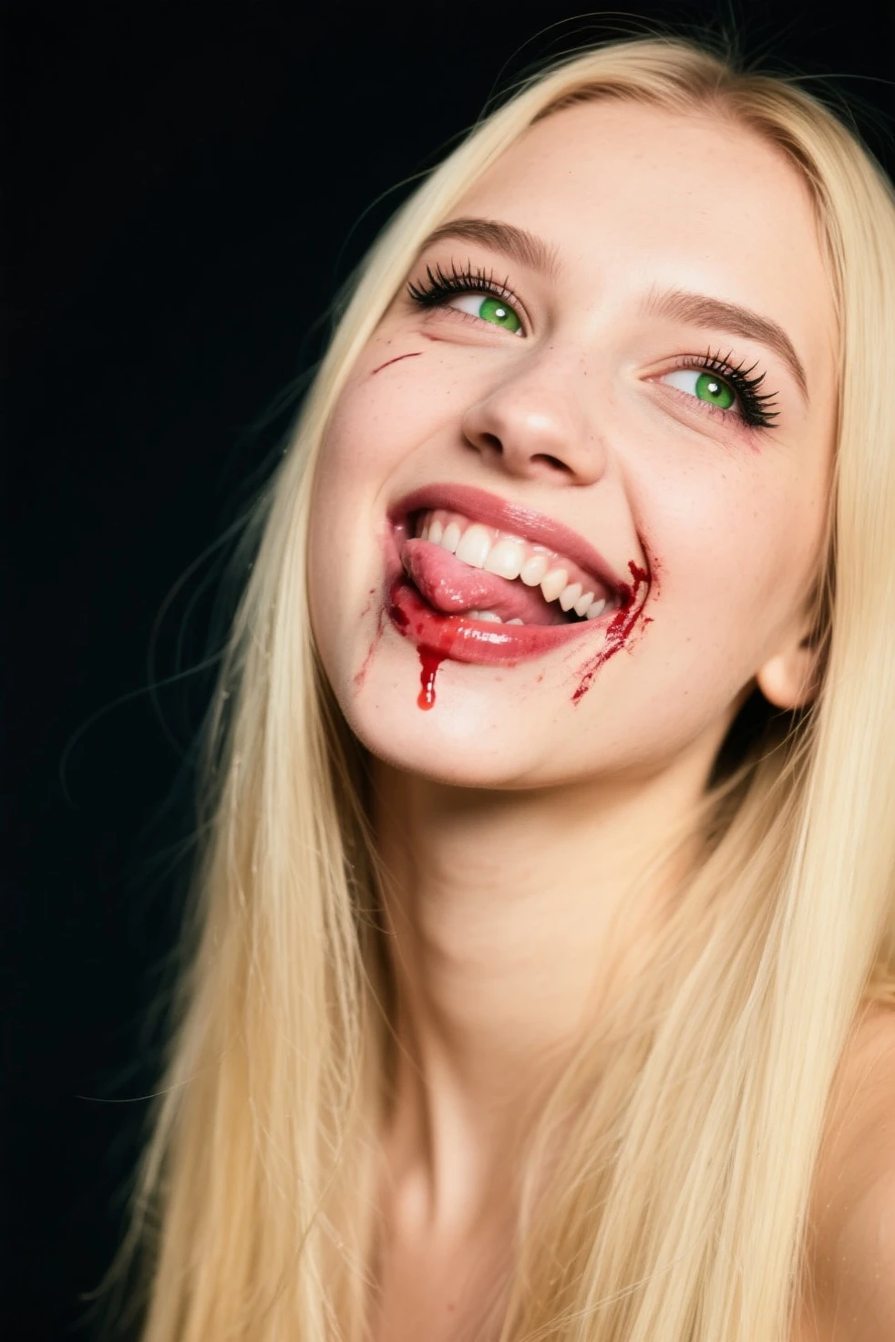 (age 25) a psychotic psyco ex girlfriend (crazy makeup, long messy hair, strappy tattered lingerie, jagged tools), curved perfect lips, smile perfect teeth showing, enlarged crazy eyes, blood spattered bedroom, blood splattered over body, bood splattered on lingerie,