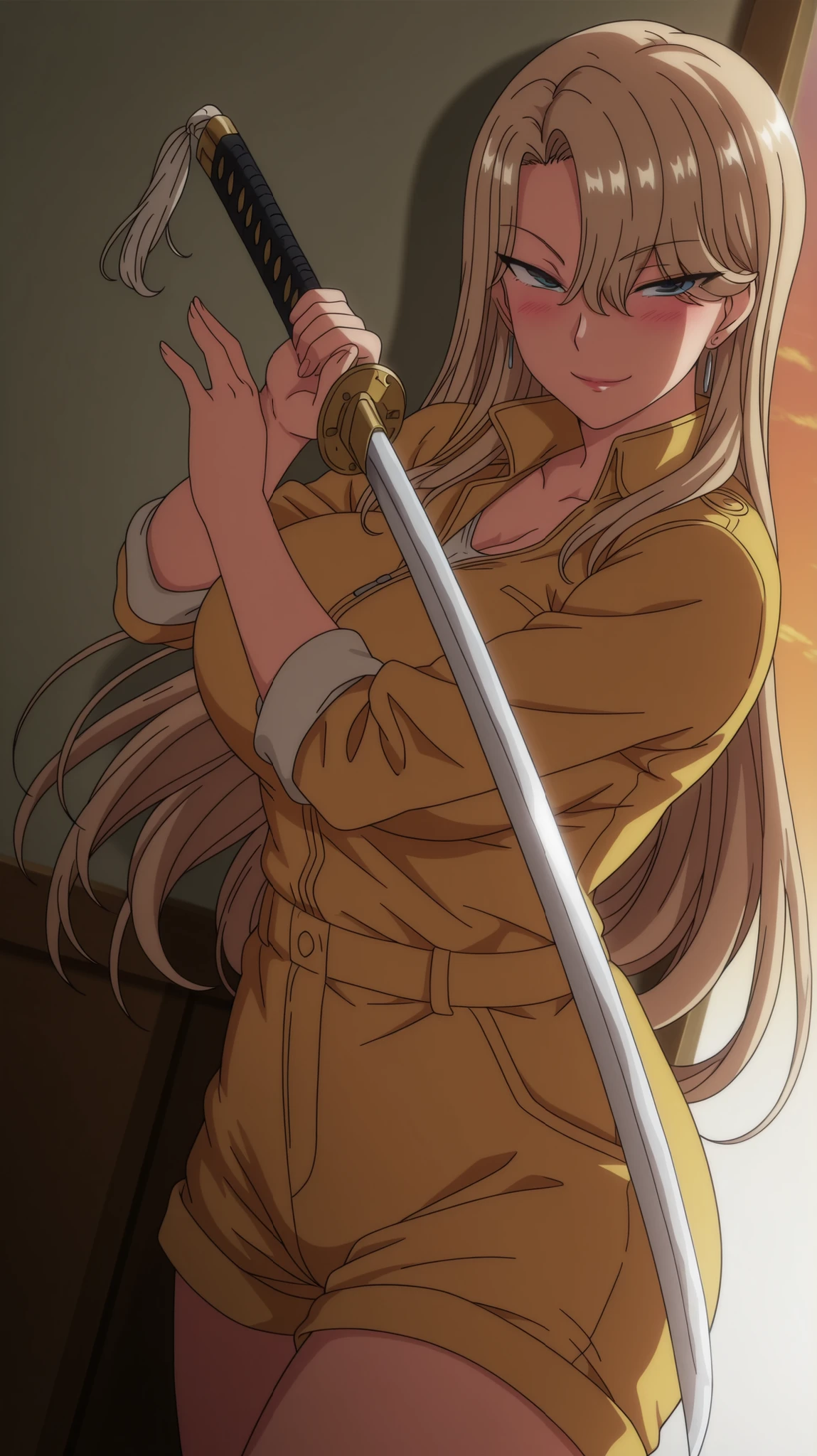 Alone, 1 girl, alone, amazing quality, mature woman, housewife, blonde hair, hair over one eye, long hair, slightly disheveled hair, MILF, soft light, standing, dusk,casual outfit, short shorts, blue eyes, anime coloring, blush, sensual pose, seductive smile, masterpiece, best quality, amazing quality, standing, dutch angle,battoujutsu stance, looking at viewer,sword guard stance, sword, weapon, solo, katana, holding, holding weapon, holding sword, looking at viewer, jumpsuit, yellow jumpsuit, high collar, cowboy shot, pants,