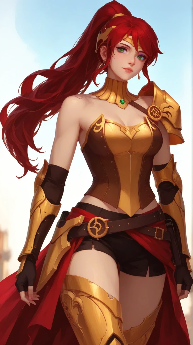 masterpiece, best quality, pyrrha nikos, ponytail, circlet, bustier, large breasts, skirt, elbow gloves, bracers, armored boots, dynamic pose, holding weapon, spear, furrowed brow, field, sky