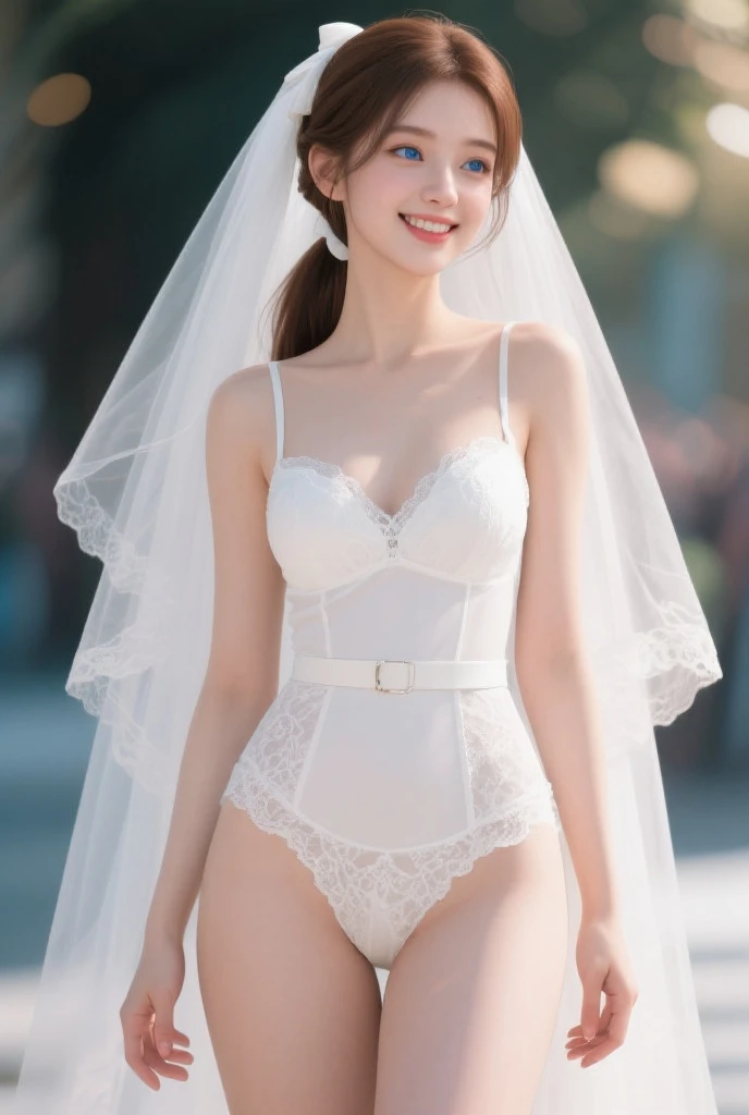 Italian middle-aged woman,Spaghetti,Full-fledged intellectual woman,Delicate face,Fine lines,Happy and happy expression,Tall, Large breasts,Chest firm,slenderlegs,White veil,White lace underwear,White flowers and white panties,white stockings,White heels,Standing posture