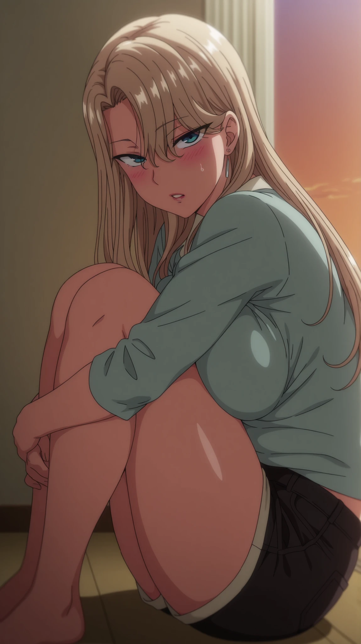 Alone, 1 girl, alone, amazing quality, mature woman, housewife, blonde hair, hair over one eye, long hair, slightly disheveled hair, MILF, soft light, standing, dusk,casual outfit, short shorts, blue eyes, anime coloring, masterpiece, best quality, amazing quality, knees to chest, ass peak, breast press, sitting, knees up, hugging own legs, blush, on ground, parted lips, looking at viewer,side view