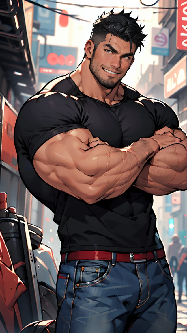 bodybuilding physique, A muscular man with a strong build. calvo, hairless, He has a well-defined jaw and a serious expression. His skin is clear, and he has a short beard. karateka boxing, karate pose, crossed arms, only pants, beautiful face, full of light. A determined look, military, Russian, apocalyptic city background, fighting zombies, punches against zombies, sneaker mask, Sunglasses, cartoonish