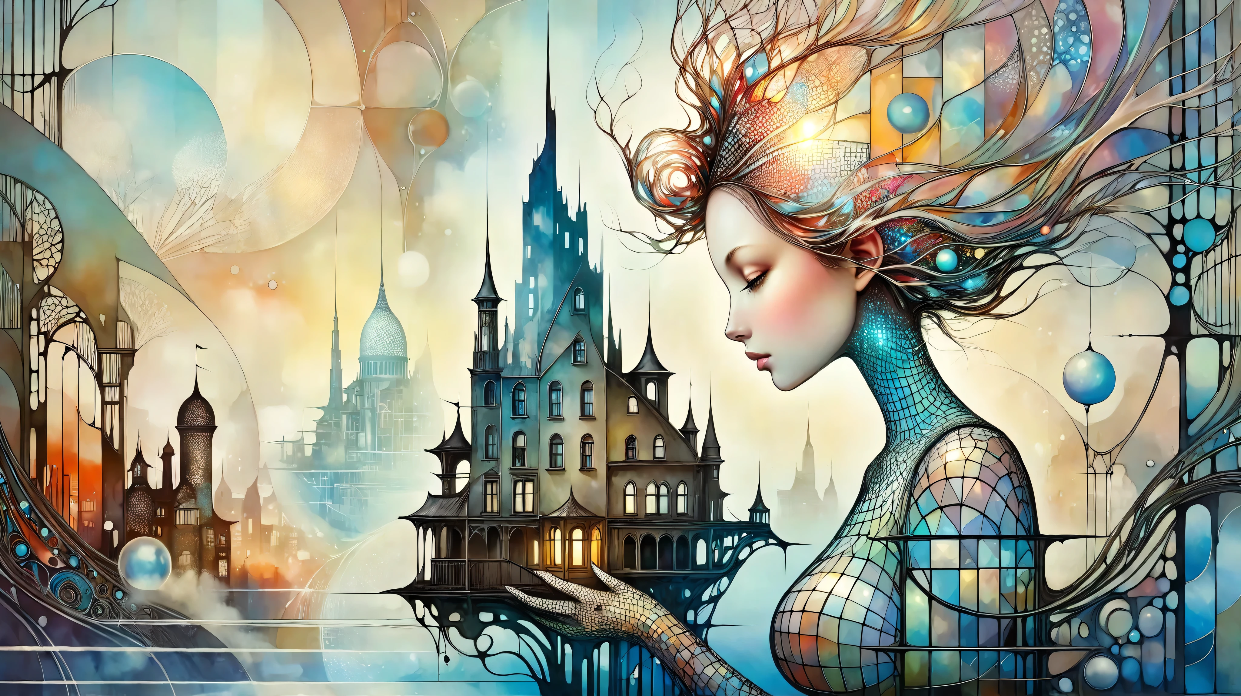 Picture a surreal female profile transforming into a futuristic cityscape, blending fantasy elements with a touch of the surreal. The image is highly detailed, inspired by the works of Catrin Welz-Stein, featuring a delicate balance between human and architectural forms. The buildings seem to emerge organically from her silhouette, merging seamlessly into her flowing hair. The color palette is a blend of soft pastels and vibrant metallics, creating an atmospheric effect. The lighting is ethereal, casting a soft glow on the scene, enhancing the surreal nature of the composition.