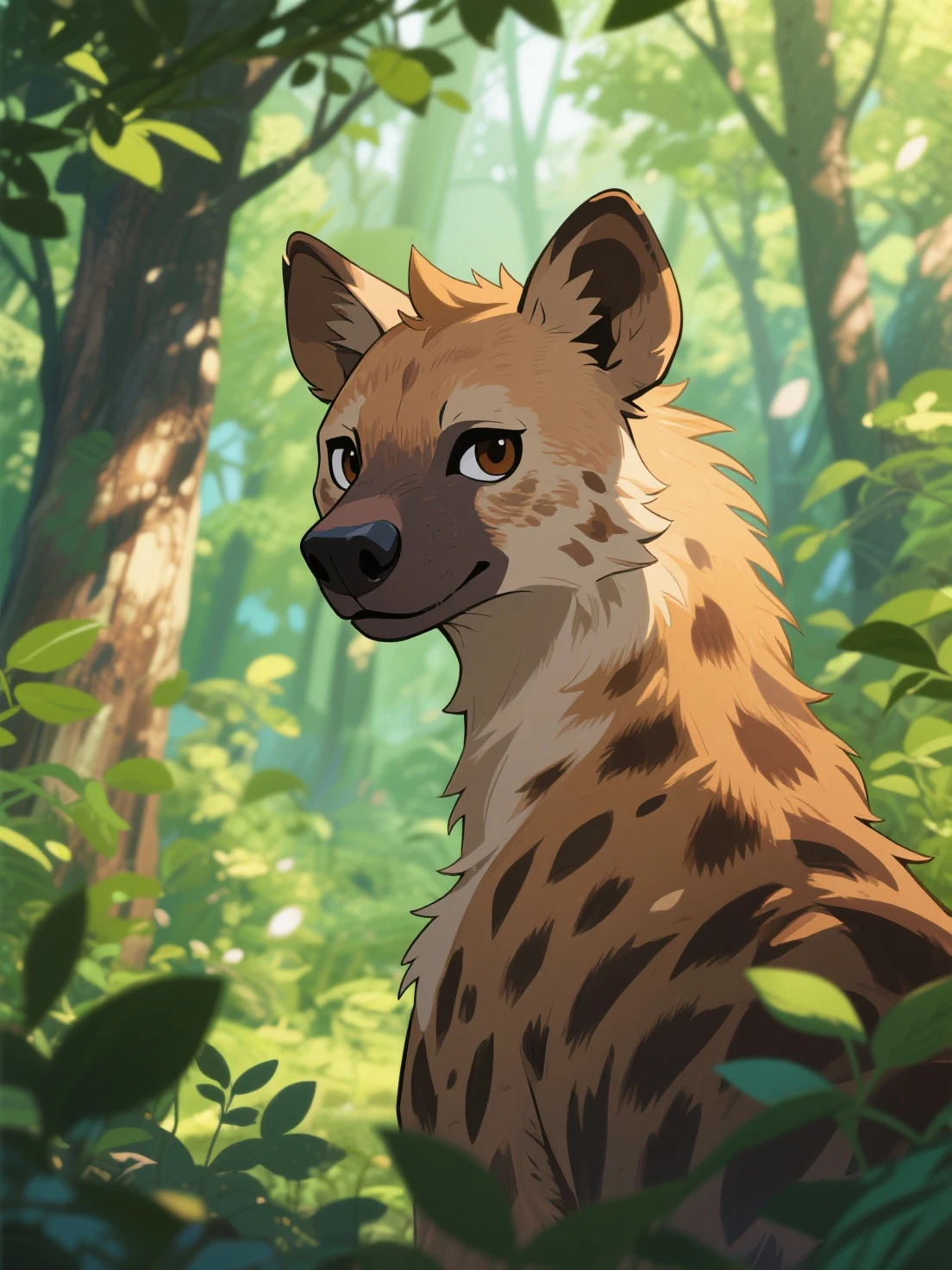 hyena, White wool, amber eyes, against the background of the forest 