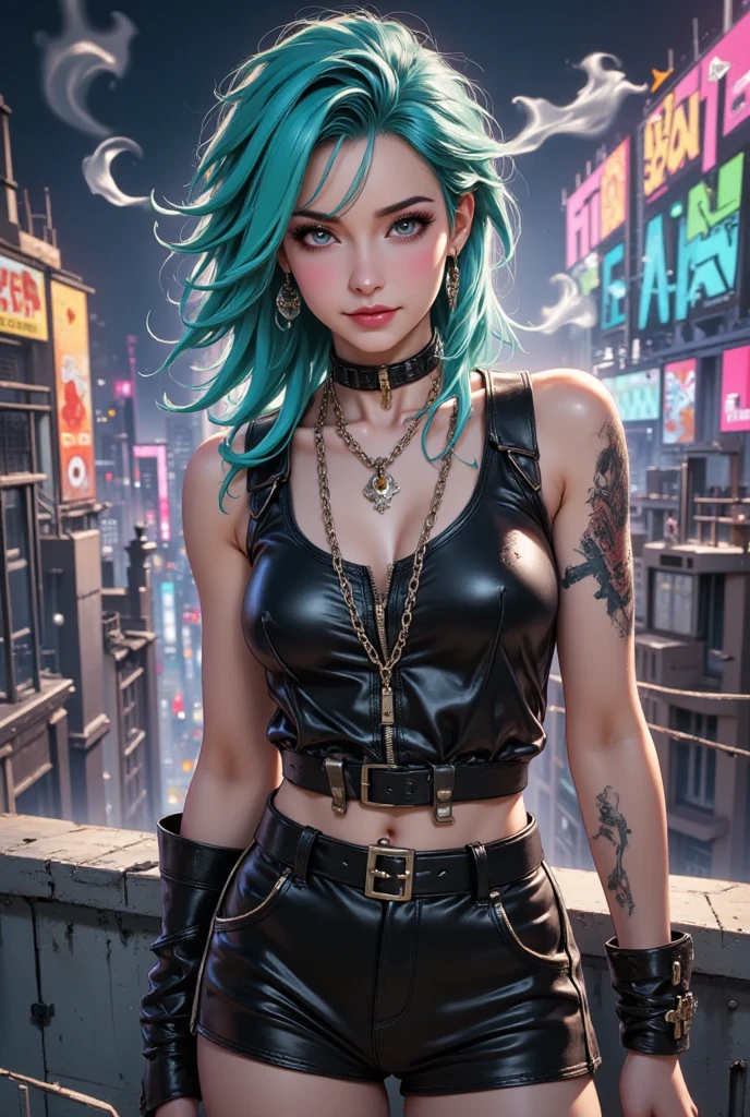dani, plump, green hair, tattoo, arm tattoo, red lips,  long hair, 
denim vest, black fingerless gloves, black top, black shorts ,  nose ring,
,standing, upper body, smile,  cleavage, 
solo, morning, outdoors,  hollywood, 
(insanely detailed, beautiful detailed face, masterpiece, best quality) cinematic lighting, <lora:dani-10v6:0.7>