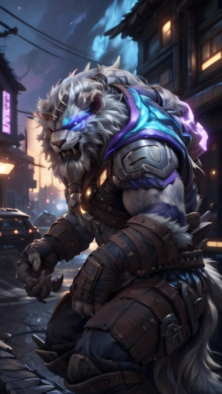 a close up of a furry creature in a city at night, muscular werewolf, good boy giant mecha wolf hound, 8k hd wallpaperjpeg artifact, 8 k hd wallpaperjpeg artifact, riot games concept art, a minotaur wolf, league of legends character art, league of legends concept art, z'gok. 8 k hd resolution