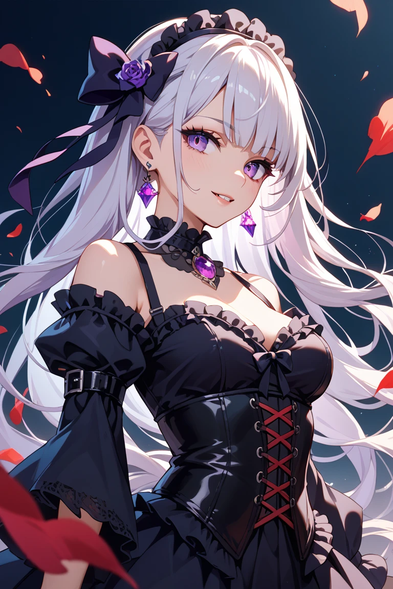 Idol, Masterpiece, Top Quality, Beautiful Face, Absurdity, HDR, (Cowboy Shot, White Ruffled Lace Mini Dress, White Collar, White Frill Cuff, Particles: 1.5), (Bloom, Glow: 1.4), (Smile), (Red Color Inhair, Purplish Red Eyes: 1.7), Sharp Focus, Photorealistic, High Resolution, Best Detail, Ultra Detailed, Detailed Face and Eyes, Sharp Pupils, Realistic pupils, sharp focus, shiny skin, (black long hair, black corset: 1), (dark studio, dark background: 1.5), rim lighting, dynamic and cinematic lighting, ((skirt up: 1.3)))), ((white panties visible))),