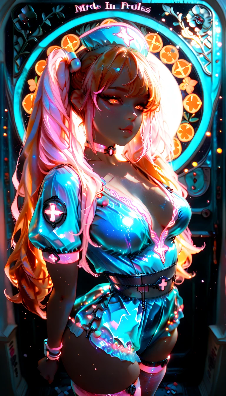 European beautiful young woman in reflecting overall sitting amidst broken televisors, white noise and color strips on TV, psychedelic