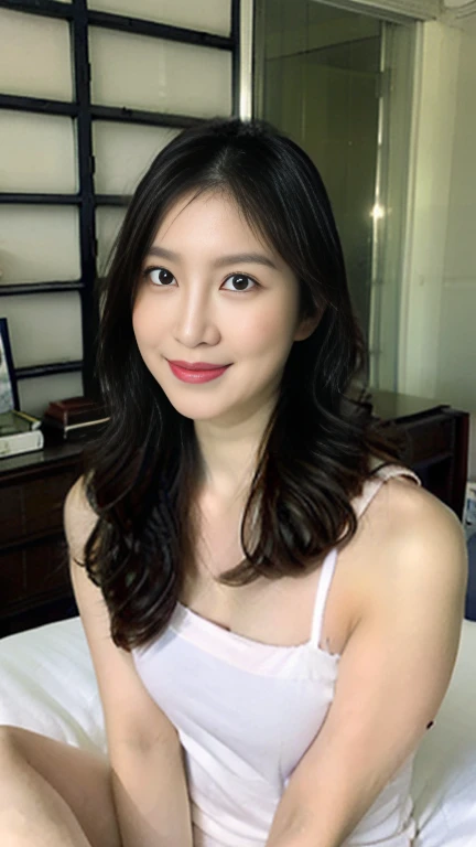 ((Highest quality、8K、High resolution、High resolution:1.3))、1 female、25 year old Japanese woman、((whole body:1.4))、(Sit on the bed、Sitting:1.1)、Slim figure、((Medium breast、Bust of average size、Beautifully shaped breasts:1.2))、Smiling Kindly、(Micro bra、Micro Panties:1.3)、Medium Hair、Dark brown hair、Detailed Hair、Cinema Lighting、Highly detailed face、Beautiful Lips、Detailed eyes、double eyelid、Beautiful black eyes、looking at the camera、Narrow Face、Sharp face line、Look at us、Natural smile、Photorealistic、A vivid face、Natural Makeup、8th life、 a luxury hotel bedroom、Bright lighting